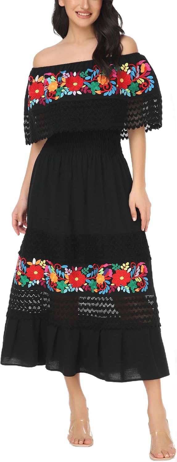 Mexican Dress for Women Embroidered Maxi Dress Boho Off Shoulder Dress Floral Lace Causal Summer Party Beach Dress
