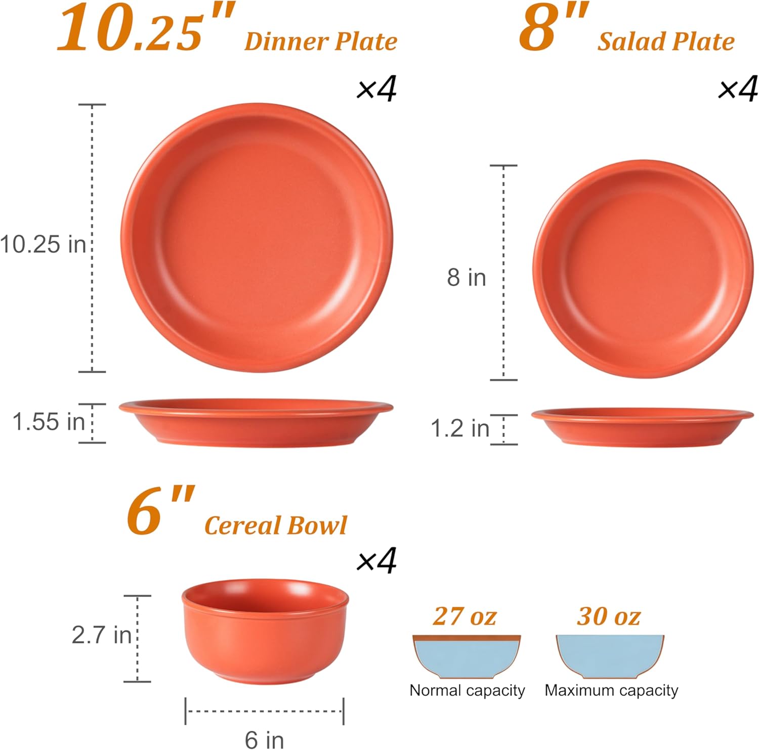 Plates and Bowls Sets, 12 Piece Ceramic Stoneware Dinnerware Set for Family and Gatherings, Dishes Set for 4, Dishwasher & Microwave Safe, Handcrafted Dishware Sets, Terracotta Red