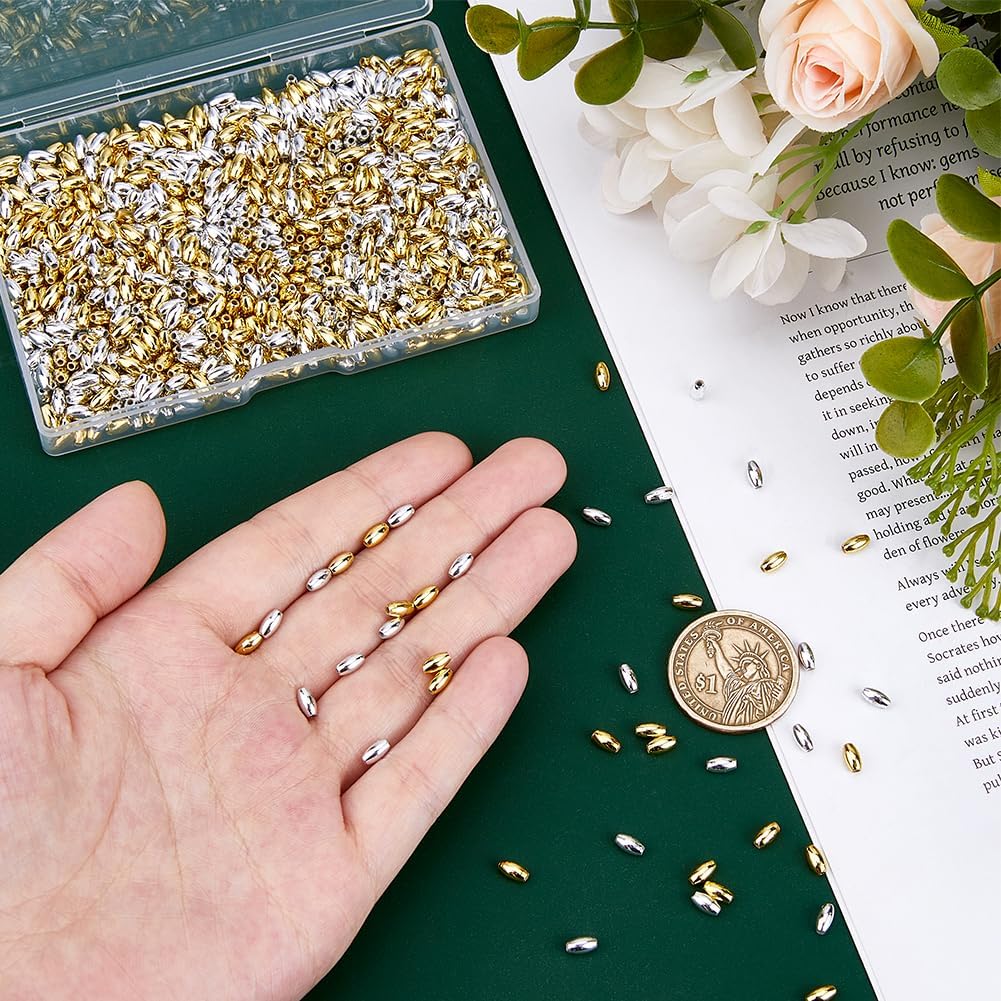 DICOSMETIC 1000Pcs 2 Colors Oval Bead Bulk Plastic Rice Beads Barrel Spacer Loose Beads 6x3mm Silver Golden Plated Bead for Bracelets Necklace Jewelry Making DIY Findings, Hole: 1mm - Image 3