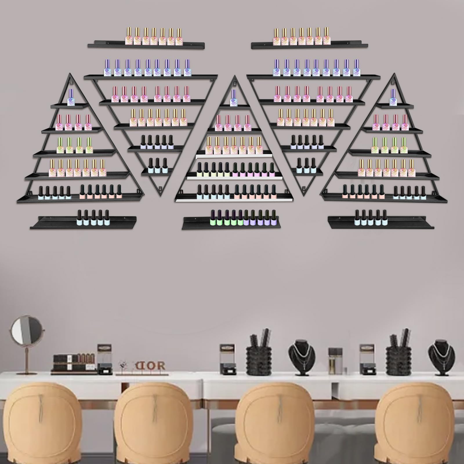 10 Stück Dreieckiges Nagellackregal, 5 Etagen Metal Nagellack-Wandregal, Wandmontiert Nagellack Kosmetik Display-Ständer für Geschäfte, Nagelstudios, Beauty-Shops (Schwarz)