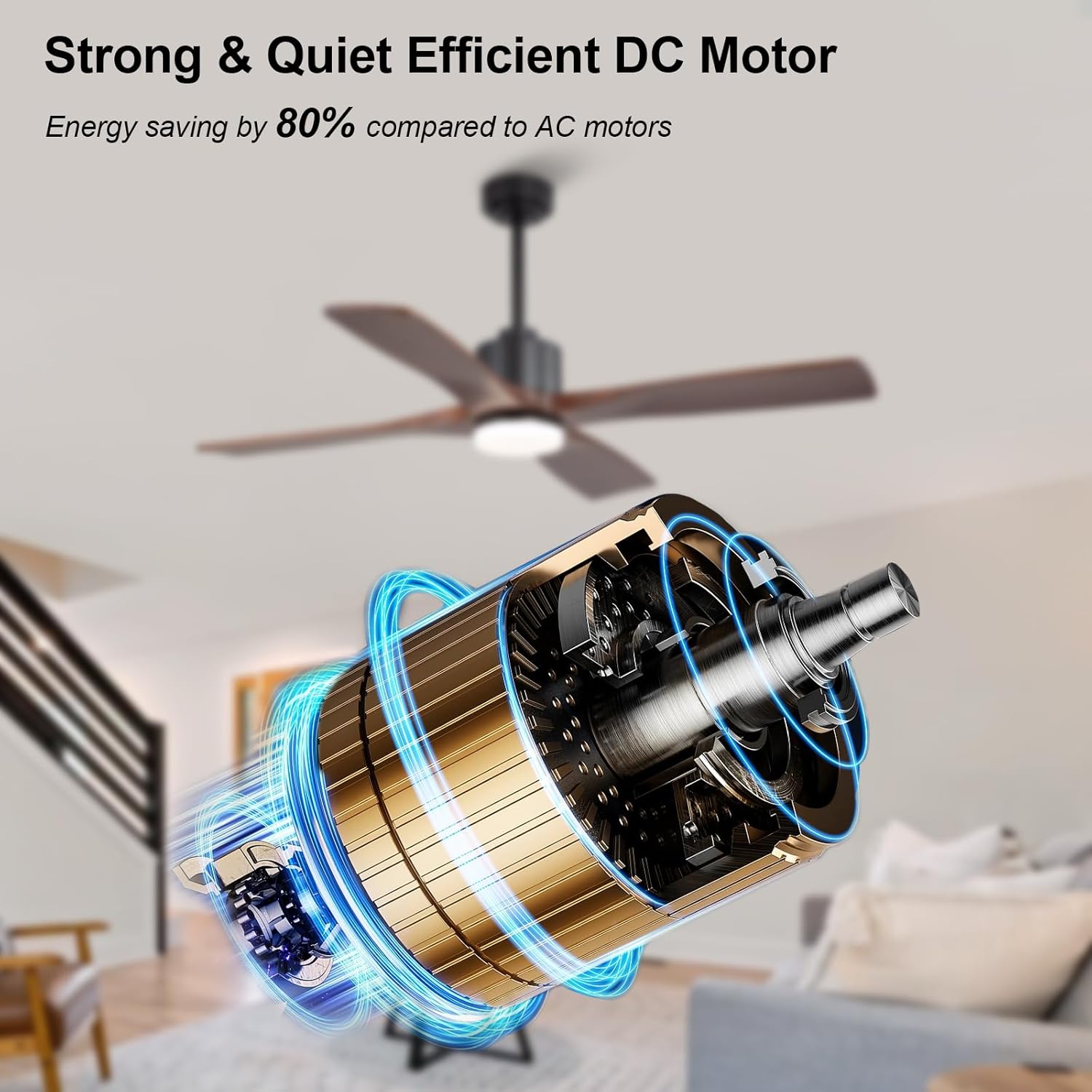 LEDLUX 54" Ceiling Fans with Lights -Modern Ceiling Fan with Light, 6-Speed Remote, 4 Solid Wood Blades, Quiet DC Motor, for Bedroom, Living Room, Outdoor, Black with Walnut