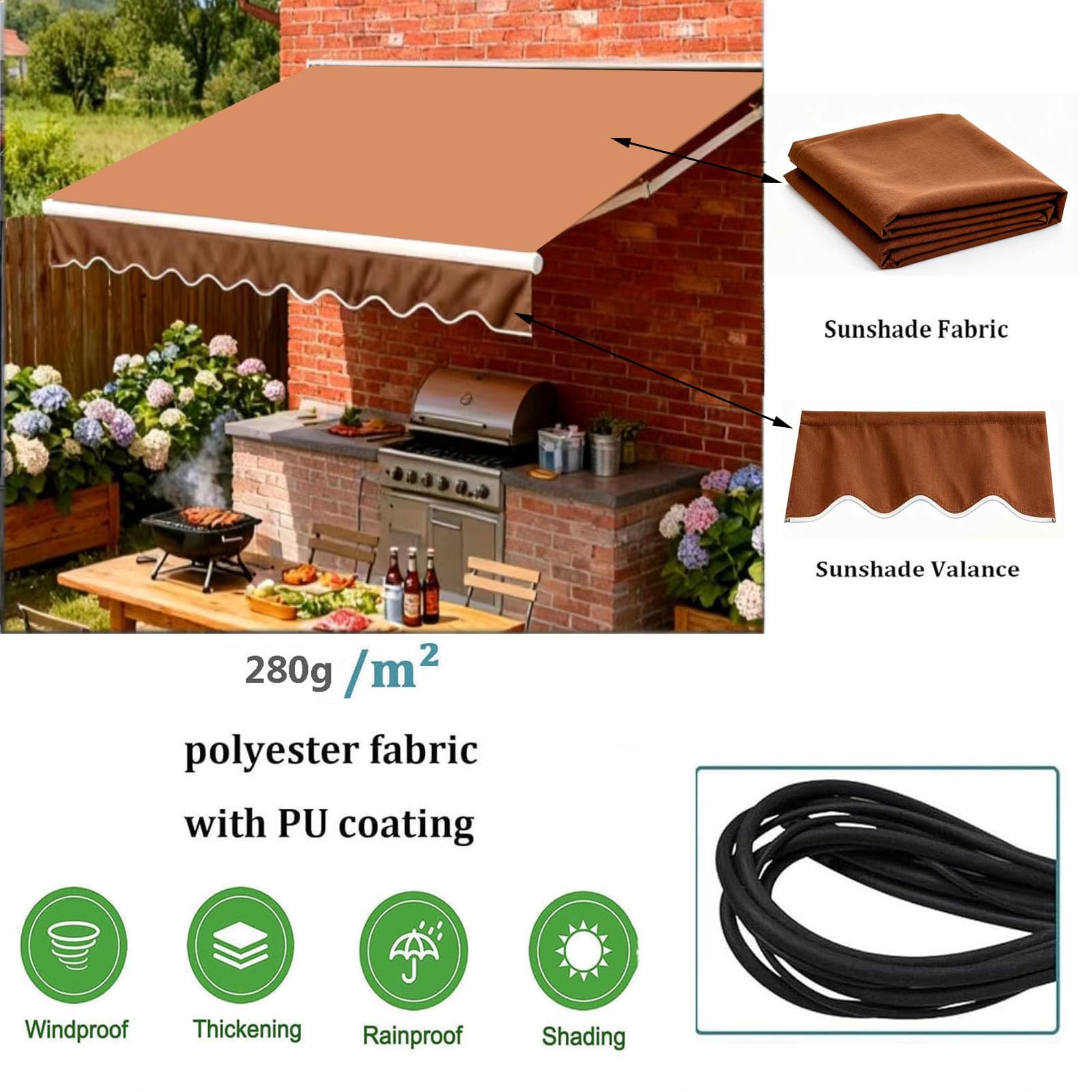 Wysuwana markiza tarasowa, zastępcza pokrywa górna – 280 g/m², wodoodporny poliester, konfigurowalny rozmiar (1,5 m), zadaszenie przeciwsłoneczne, brązowa tkanina