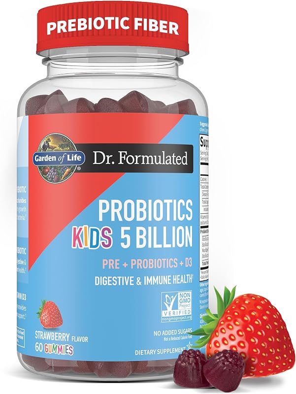 Garden of Life Dr formuló 5 mil millones de UFC de fibra prebiótica, probióticos y gomitas de vitamina D3 para la salud digestiva e inmunológica de los niños, sin gluten, sin OGM, sin azúcares agregados, sabor a fresa, 60 gomitas
