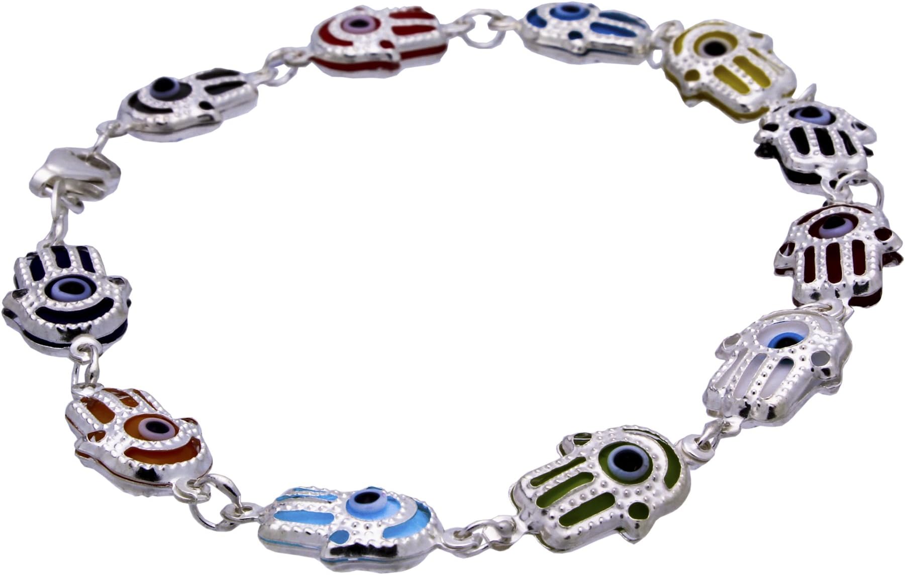 Appealing Wedding Bands Sterling Silver Hamsa Hand Charm Bracelet 7.5 Inch with Evil Eyes