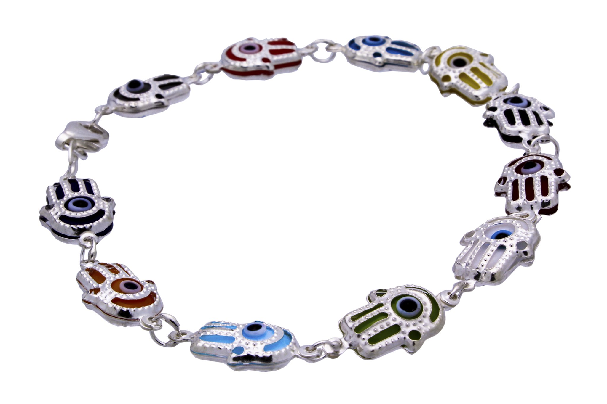 Appealing Wedding Bands Sterling Silver Hamsa Hand Charm Bracelet 7.5 Inch with Evil Eyes