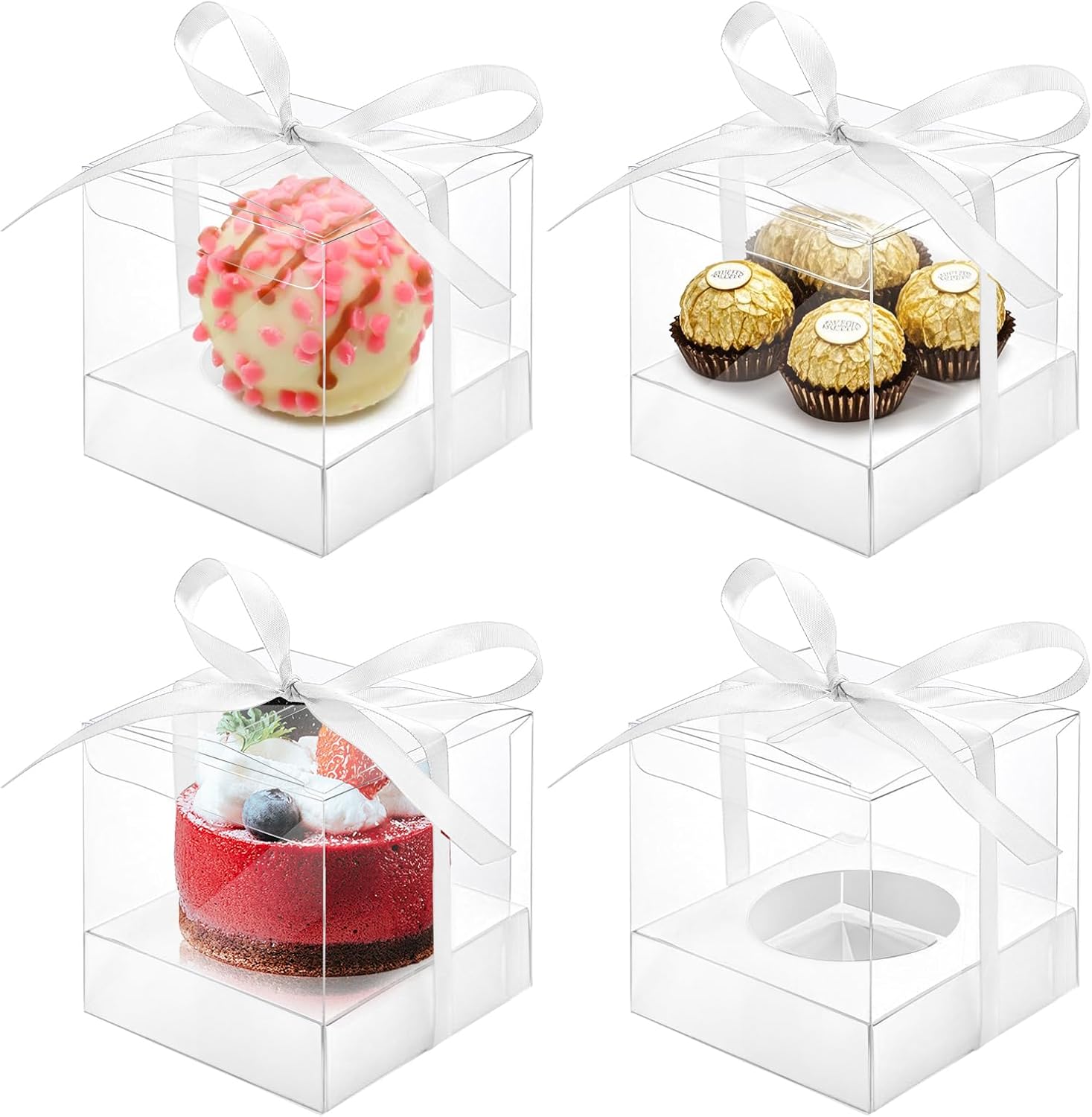 50 Pcs Clear Cupcake Box Individual, 3.5 Inch Plastic Single Cupcake Container, Cupcake Storage Holder Carrier with Ribbons Inserts, Ornament Candy Gift Box for Mother's Day Party Wedding Baby Shower