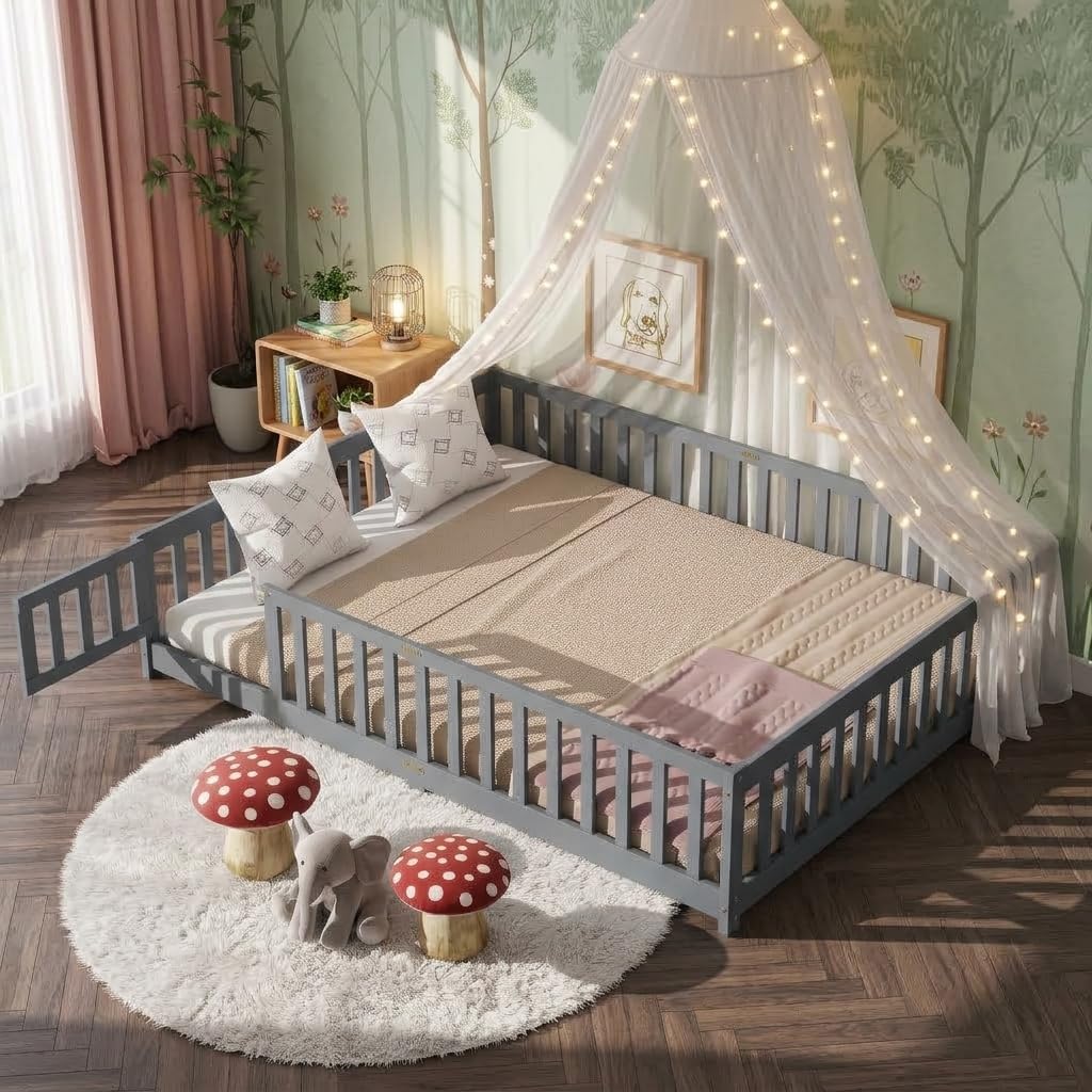 Queen Floor Bed with Safety Guardrails for Kids, Rubber Wood Montessori Bed with Slats and Convertible Door,Queen Size Bed Frame for Girls and Boys,No Box Spring Needed,Grey