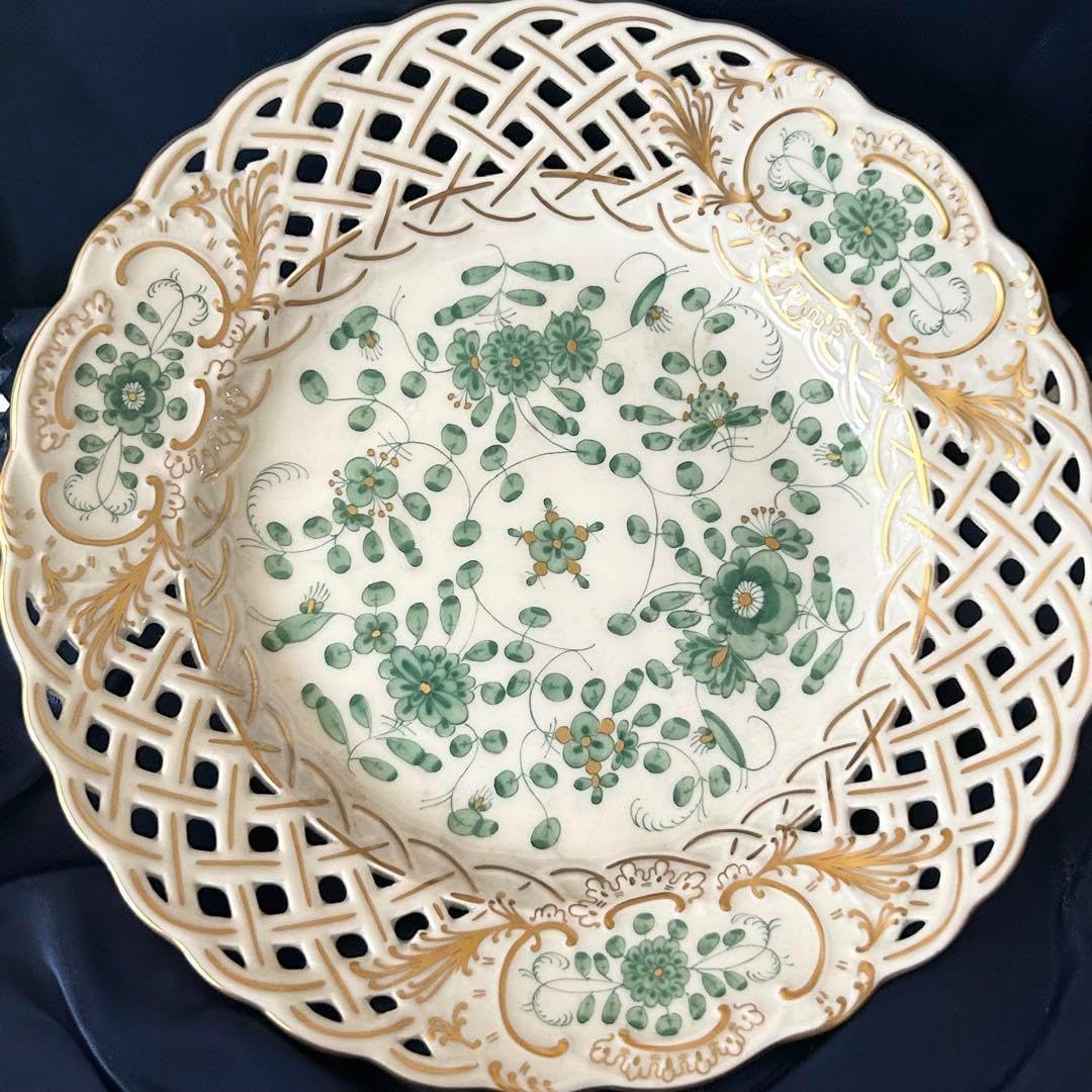 一級品 マイセン インドの華 透かし編み プレート グリーン 箱あり 未使用 一級品 マイセン インドの華 透かし編み プレート グリーン 箱あり 未使用