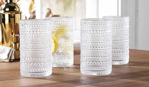 Miniatura 4 de Glaver's Hobnail - Juego de 4 vasos de cristal con cuentas vintage transparentes, 15 onzas, juego de cristalería de cóctel, para zumo de agua,