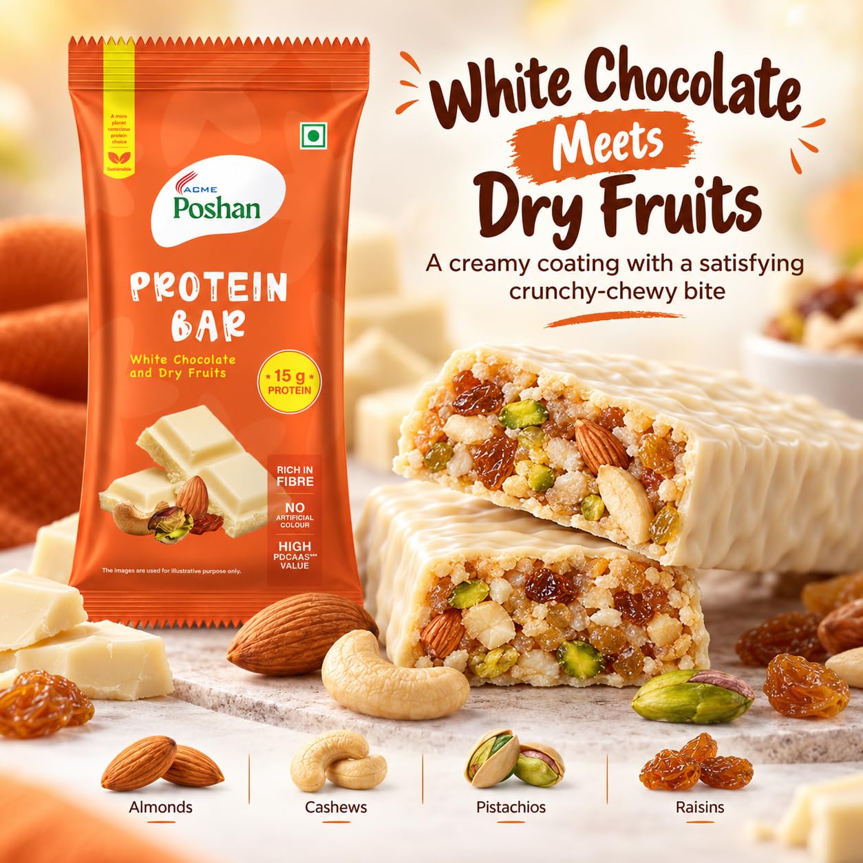 ACME Poshan Protein Bar Variety Pack, White Chocolate & Dates and Almonds, No Artificial Colour, Rich in Fibre, High Protein Snack Bars, Pack of 12 (50g each) — Amazon image 7