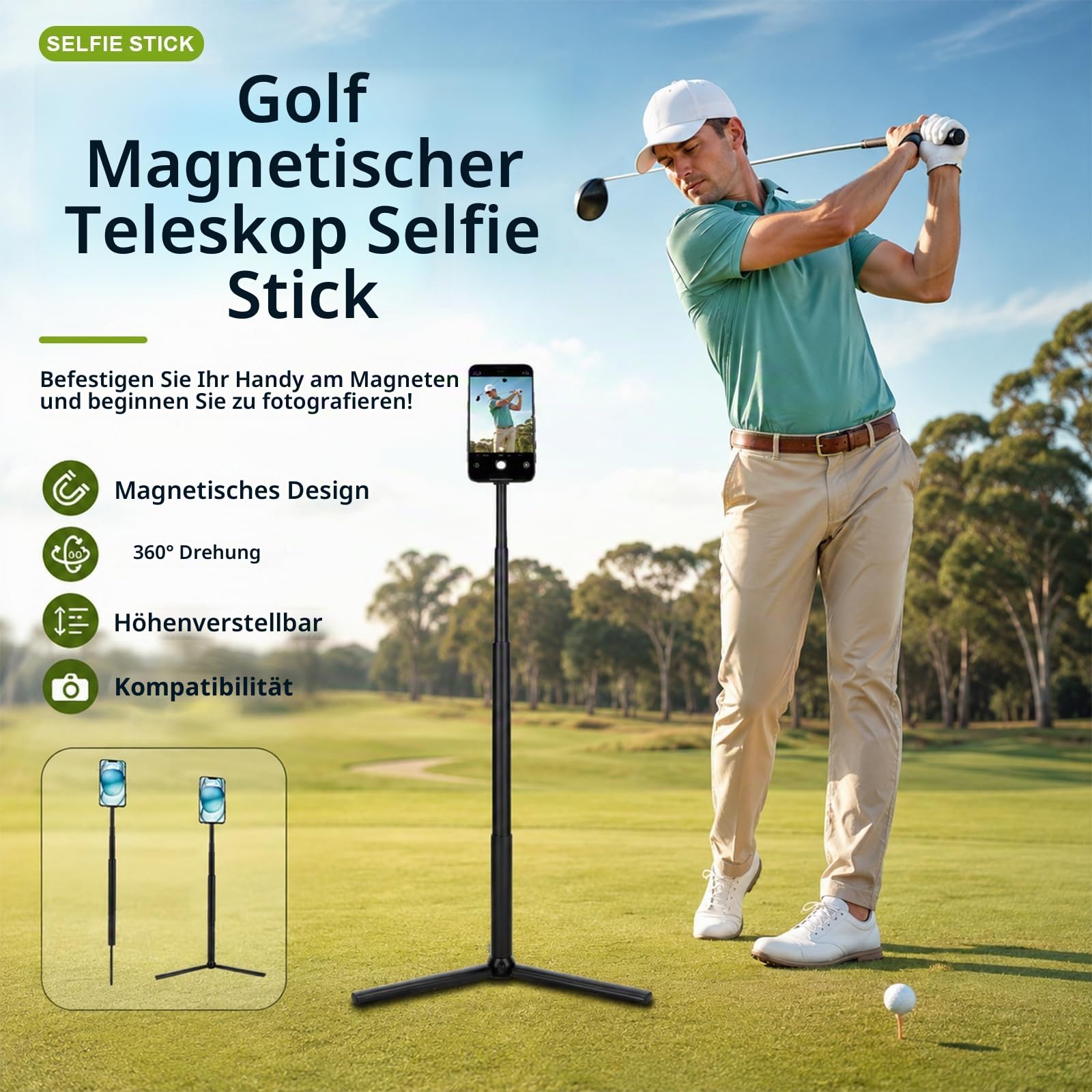 Golf Stativ, 16-54" Magnetischer Einbeinstativ Selfie Stick | 180°-Neigung und 360°-Drehung Handy Stativ mit Erdspieß mehr Stabilität für Golf, Golfgeschenk