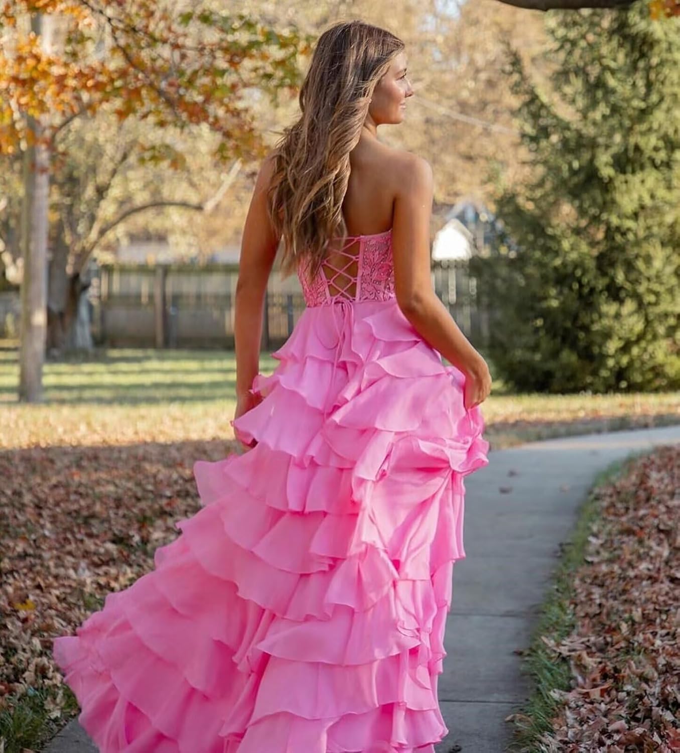 Strapless Prom Dresses for Women 2024 Tiered A Line Chiffon Formal Evening Party Gown with Slit