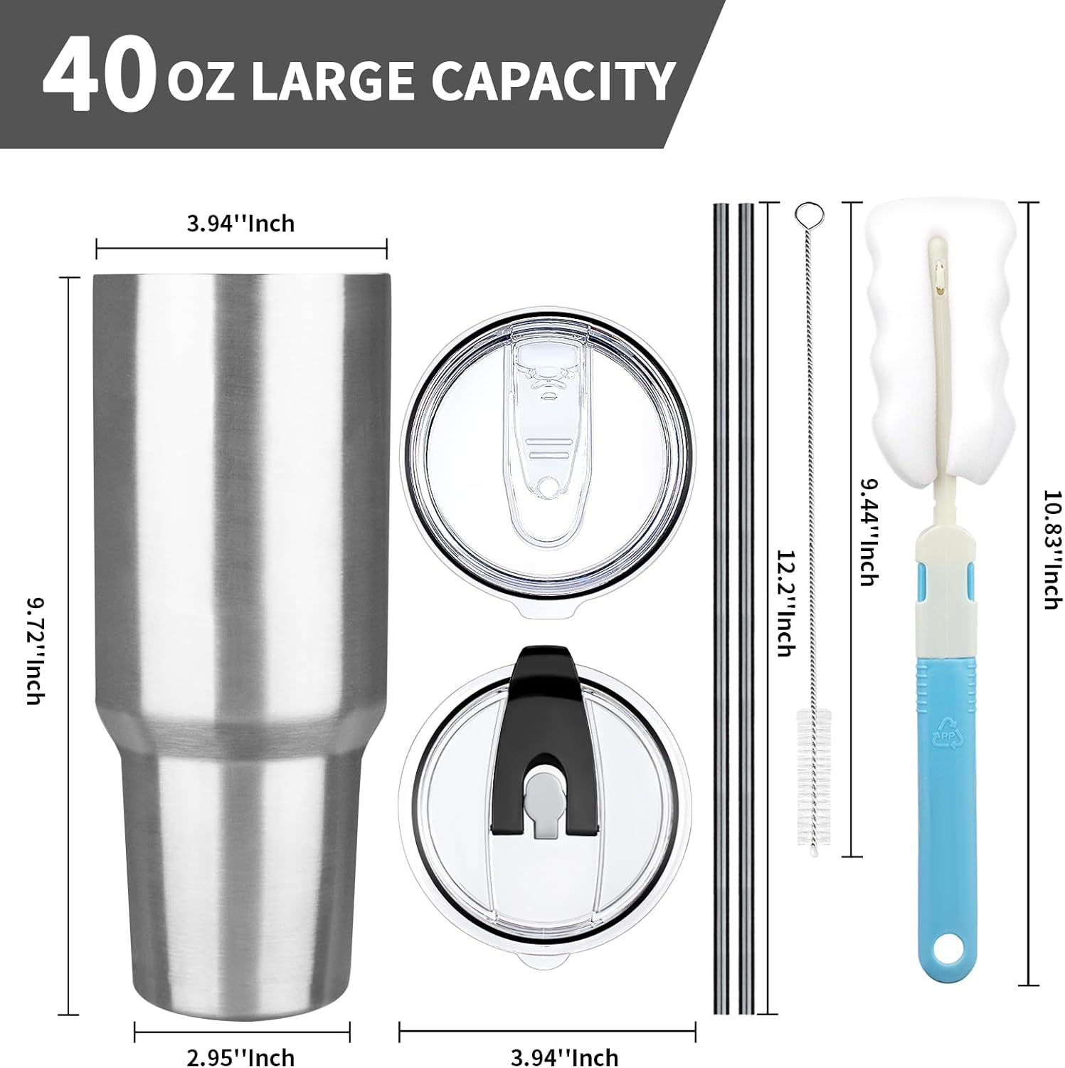 40 oz Tumbler with Lids and Straws, Stainless Steel Insulated Coffee Tumbler, Double Wall Vacuum Insulated Travel Mug Cup, Leakproof Thermal Coffee Cup for Hot and Cold Drinks (Silver) - Image 2