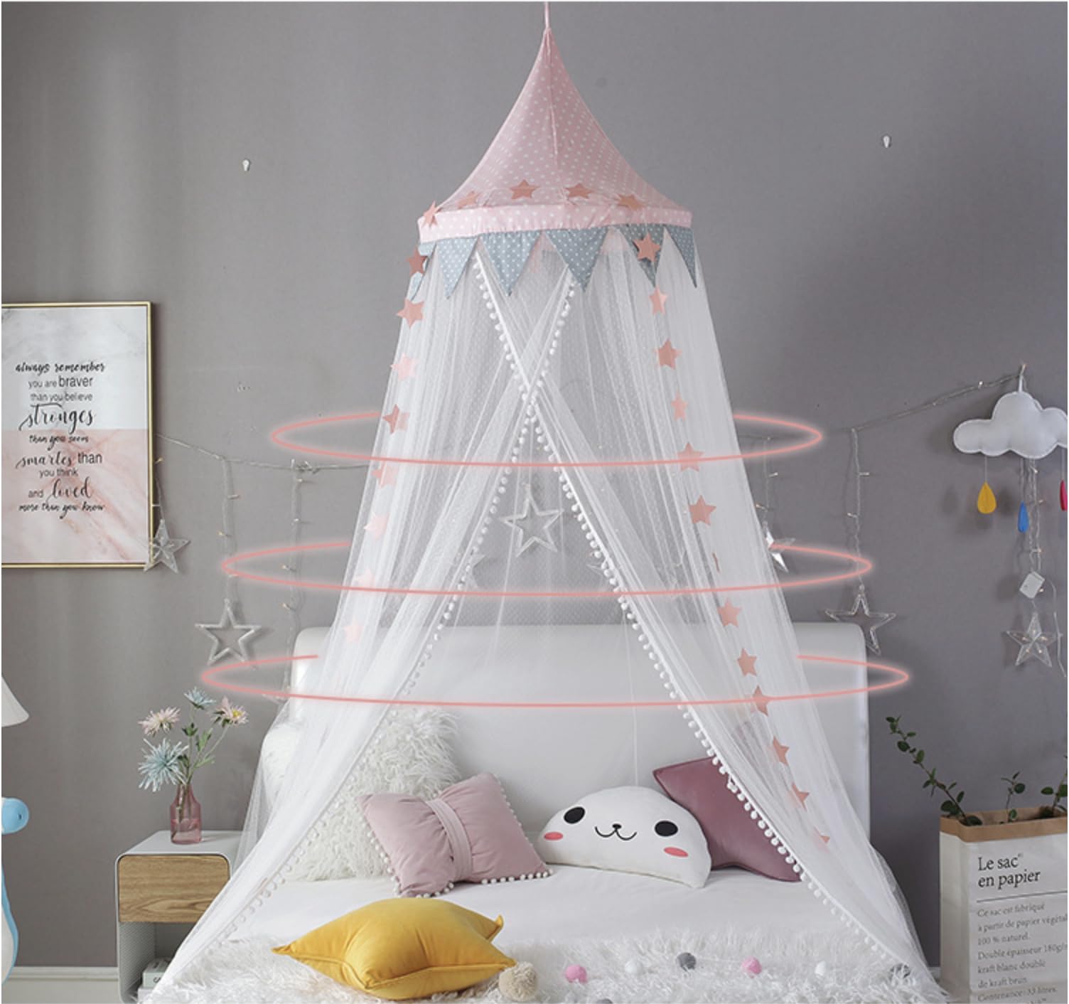 Bed Luifel Dubbel Kleuren Opgehangen Klamboe Prinses Bed Tent Gordijn Opvouwbare Luifel Op Het Bed Elegante Fairy Lace Dossels, Roze, Gemiddelde Grootte