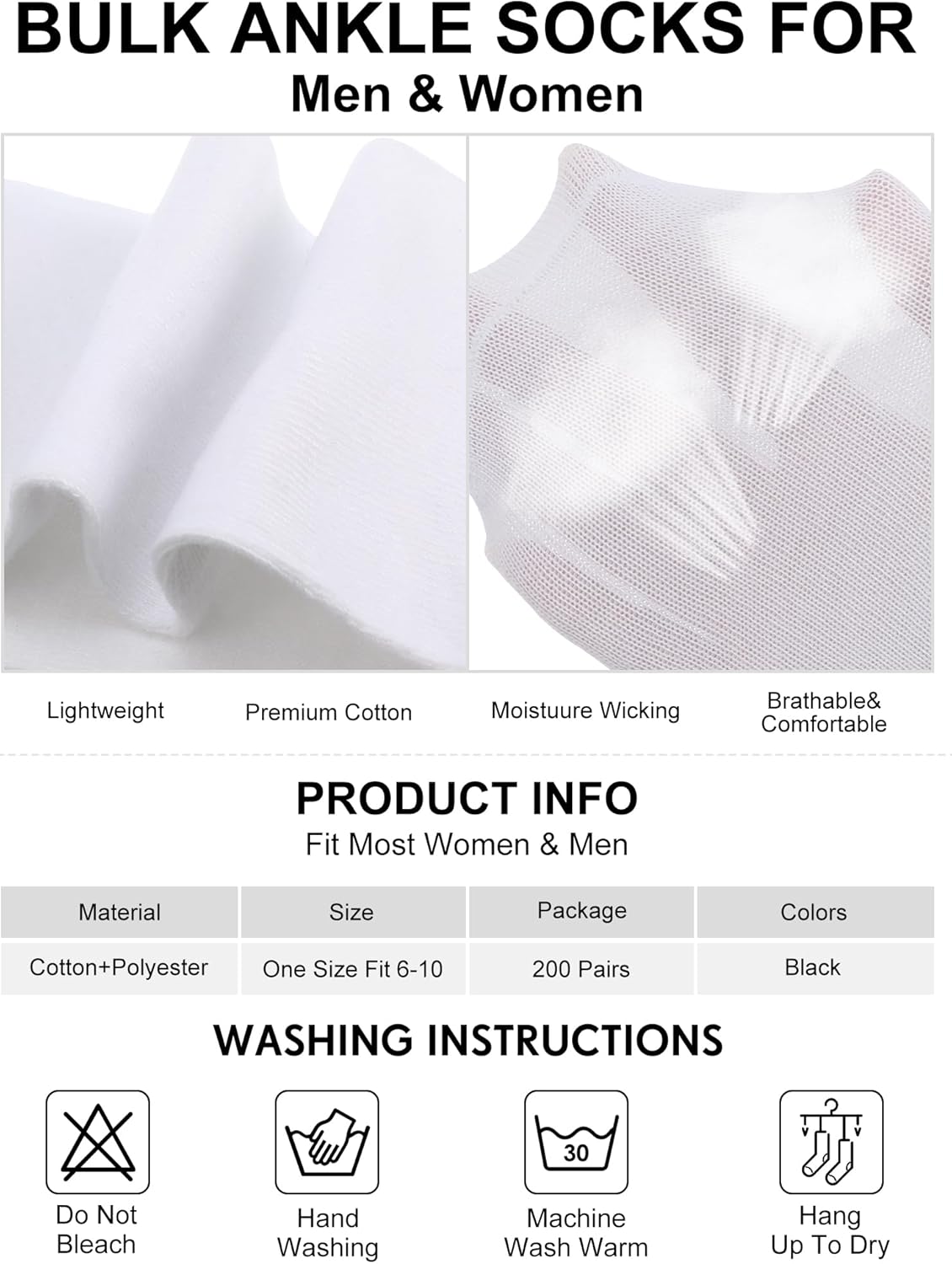 200 Pairs Men's Quarter Ankle Socks Bulk, Moisture Wicking Unisex Cotton Athletic Casual Socks for Men Women