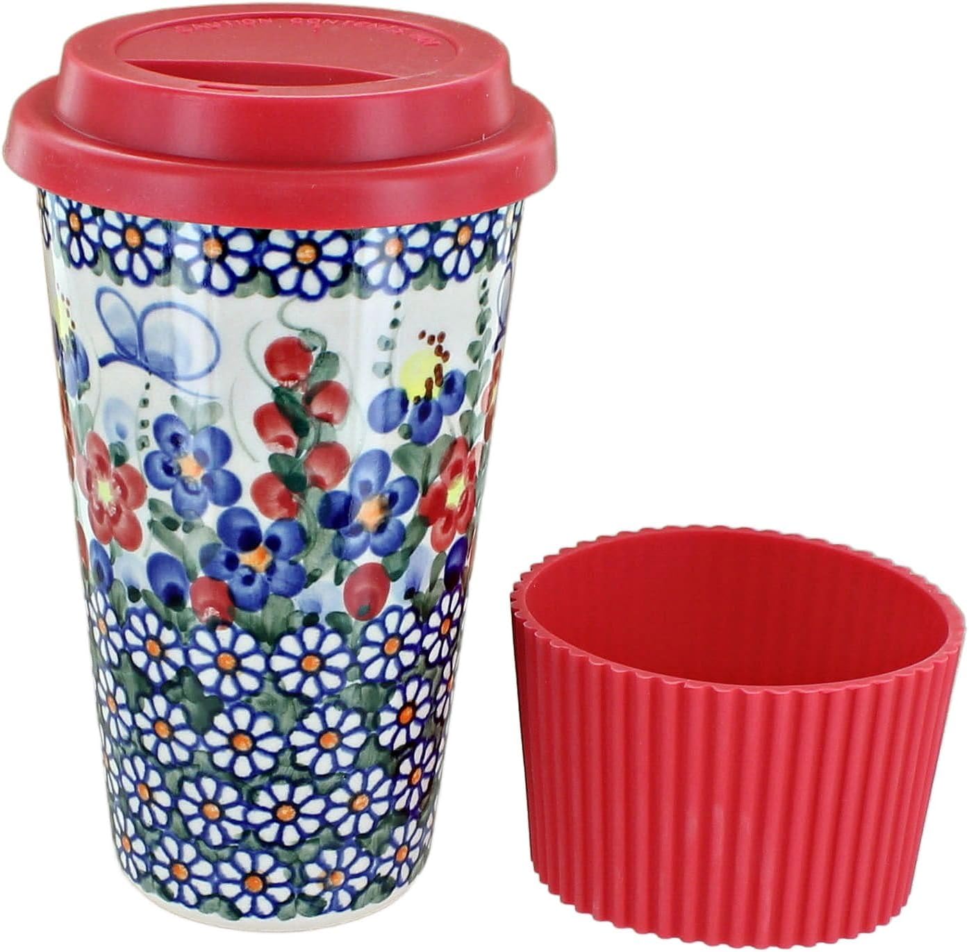 Blue Rose Polish Pottery Garden Butterfly Travel Coffee Mug
