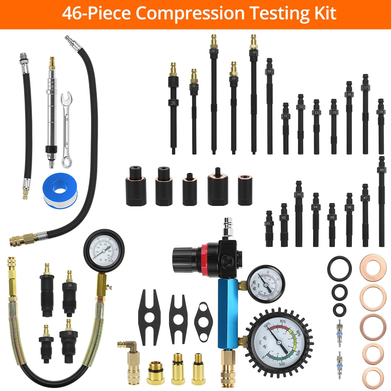 QWORK® 46PCS testeurs de compression et de perte de pression- 0-50 bar/0-725 psi pour moteurs diesel et essence, M8, M10, M12, M20, M22, M24