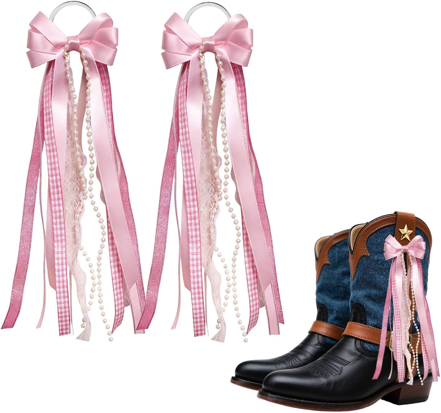 Pink Ribbon Bow Martin Boot Bows, Pink White Buffalo Plaid Boot Accessories with Glitter Pearl Lace, Decorative Footwear Attachments for Fashion Boots, Elegant Charms