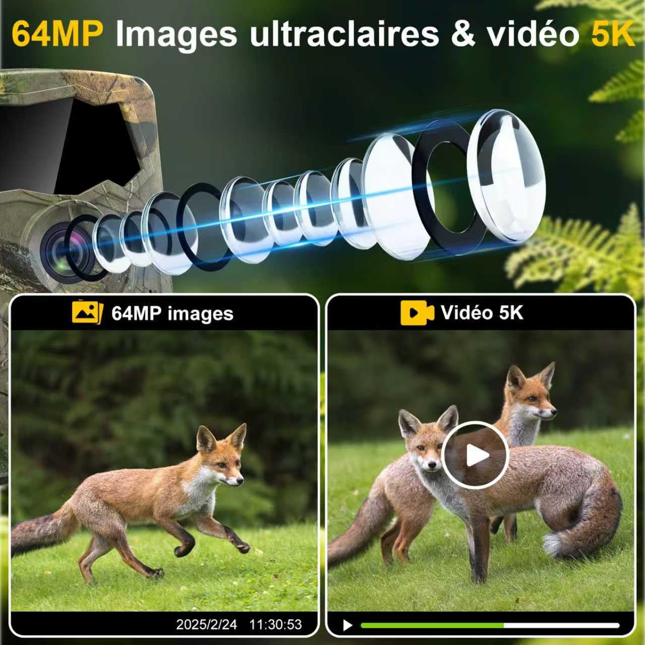 Caméra de Chasse 5K WiFi, Full HD 64MP Caméra Chasse Connectée au Téléphone | Caméra Infrarouge avec Carte SD 32 Go et 8 Piles AA, Vision Nocturne, Détection 0,1s, Angle 130°, IP66, Jardin, Extérieur
