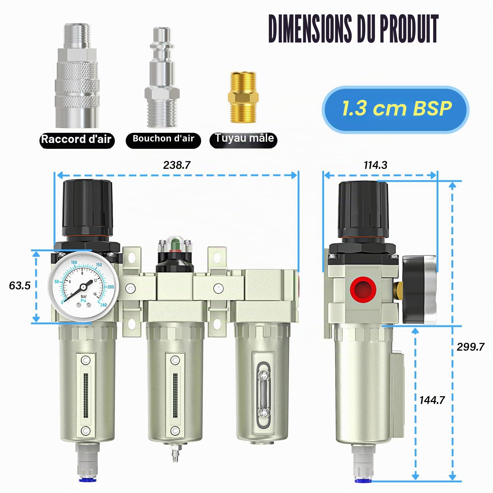 MEANLIN MEASURE 1/2" BSP Système de séchage d'air en 3 étapes de qualité industrielle，drain automatique,sécheur dessiccatif et régulateur d'air pour découpeuse plasma et pulvérisation de peinture
