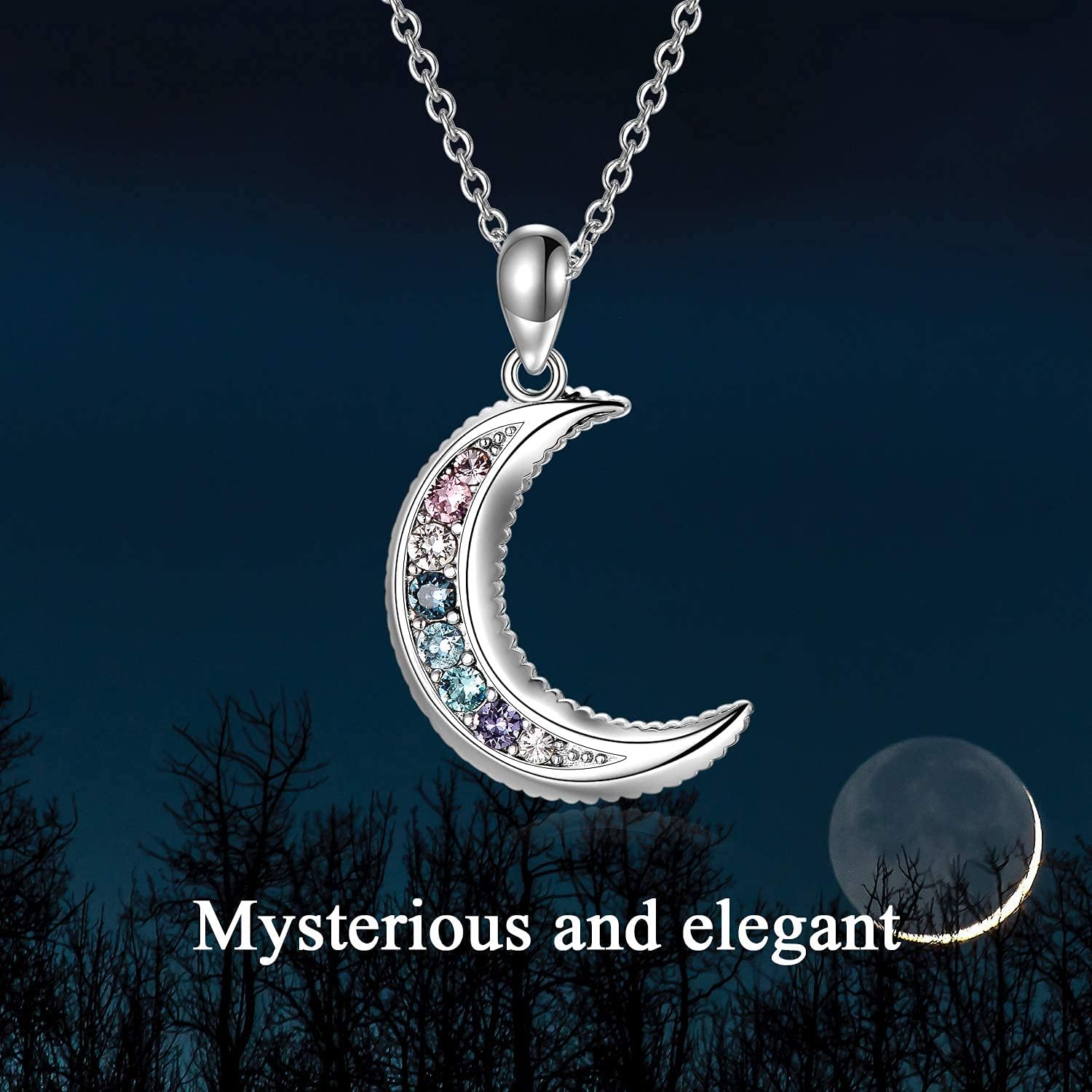 AOBOCO Sterling Silver Crescent Moon Necklace for Women, Gorgeous Multicolor Moon Pendant Embellished with Crystals from Austria, Anniversary Birthday Moon Jewelry Gifts for Lovely Ladies