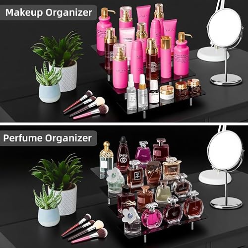 Miniatura 5 de Soporte de Exhibición con Elevador de Acrílico, Negro de 4 Niveles, Soporte para Cupcakes, Elevador de Estante Organizador de Perfume y Colonia