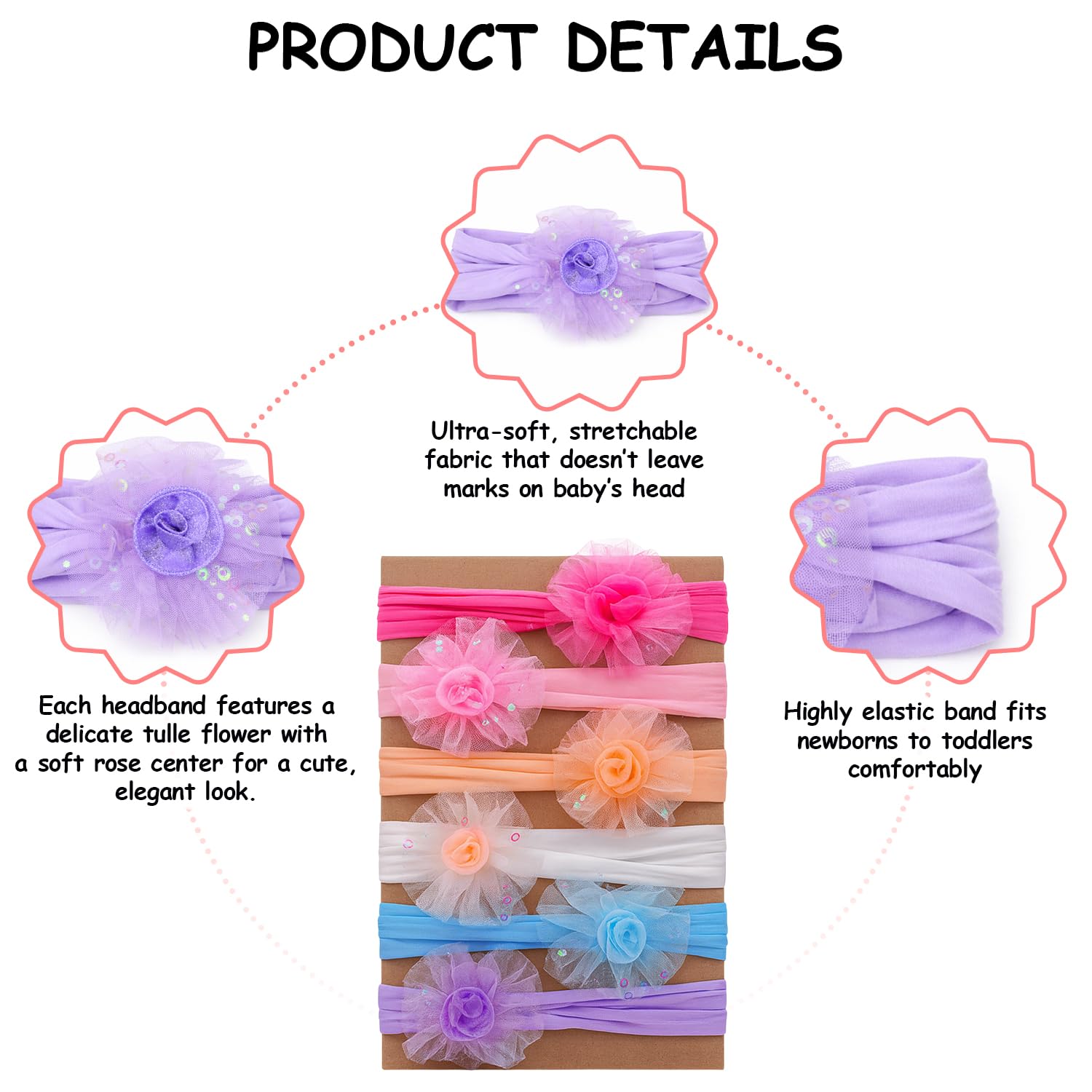 SYGA 6 Pcs Baby Headband Set for Girls–Soft Stretchy Hair Bands with Glitter Star Tulle Flower Design, Newborn Infant Toddler Hair Accessories for 0-3 Year (Design-2) 3