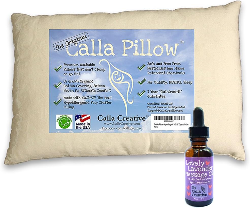 Calla Toddler Pillow Soft Organic Cotton of size 13" x 18" x 3.5" Bundle with Organic Lavender in Fractionated Coconut Oil - Pure Essential Oils for Babies by Calla Creative
