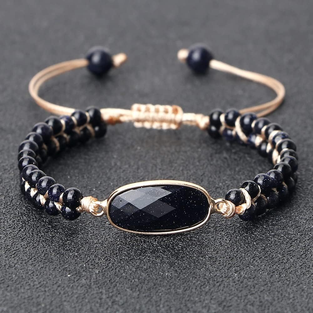 Shiny Blue Sandstone Wrap Bracelet Adjustable Size 4mm Naatural Stone Beads Bracelets Braided Bangles Women Jewelry Gifts