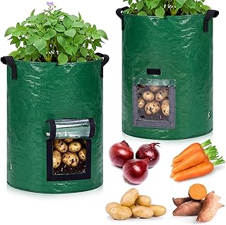 SATINIOR 2 Pack 30 Gallon Potato Grow Bags with Transparent Flap and Handles Green Durable PE Pots Large Plant Grow Bags for Onion Fruits Tomato Carrot
