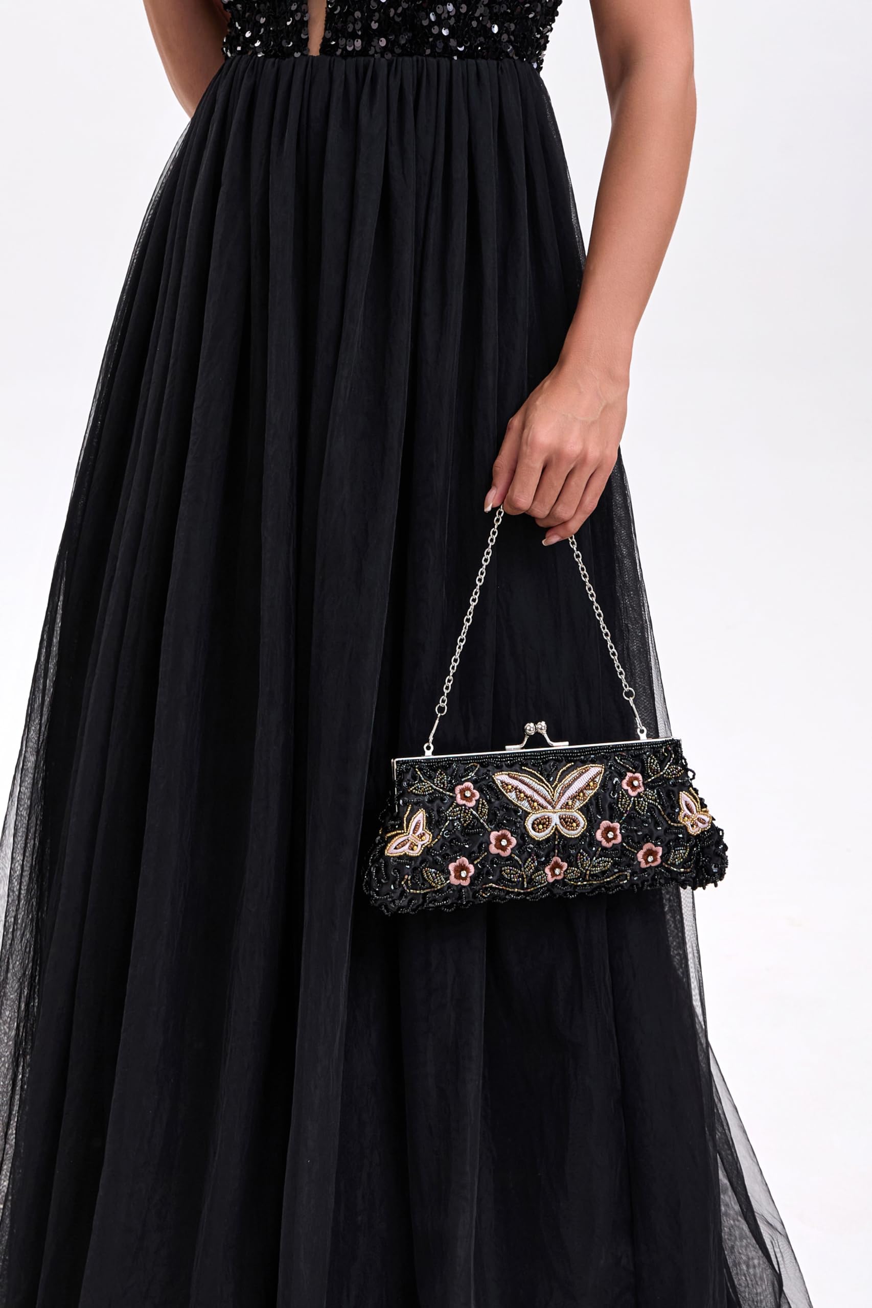 Elegante bolso de noche vintage con cuentas florales y mariposas para mujer, para novias, bailes, fiestas y formales, Negro -, Mini