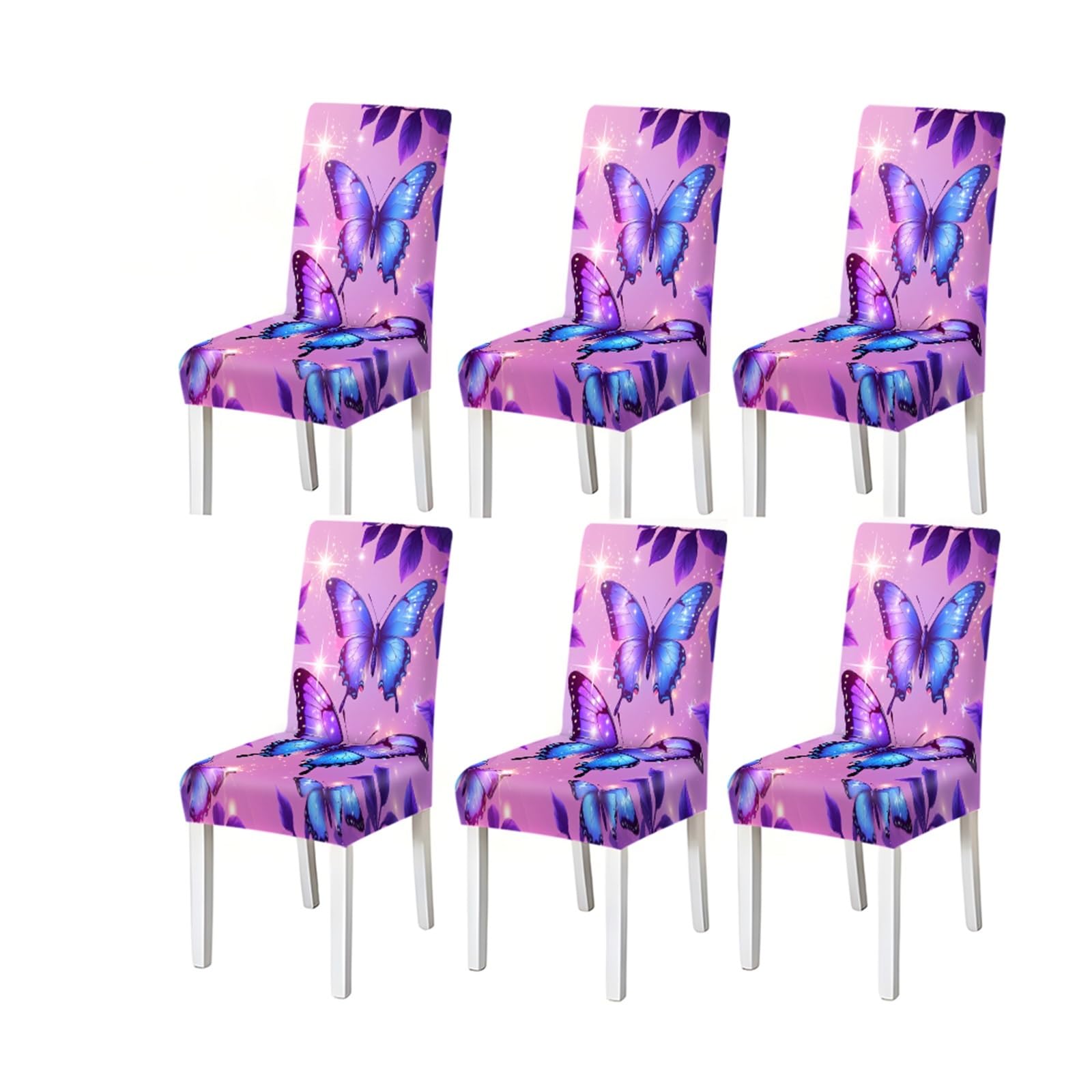 KXUAUV Glitter Purple Blue Butterfly Pattern Print Dining Chair Covers Set Of 2/4/6, Stretch Slipcovers For Kitchen Dining Room Seat Protectors for Restaurant Hotel Party(6PCSChair cover)