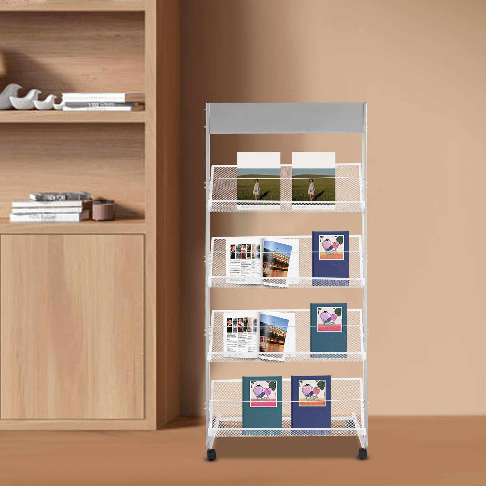 Zeitschriftenständer Zeitungsständer Modern Metall Magazinhalter 4 Ebenen Rollregal Freistehend mit Rädern für Büro Empfangsbereiche Wartezimmer und Studios (Silber)