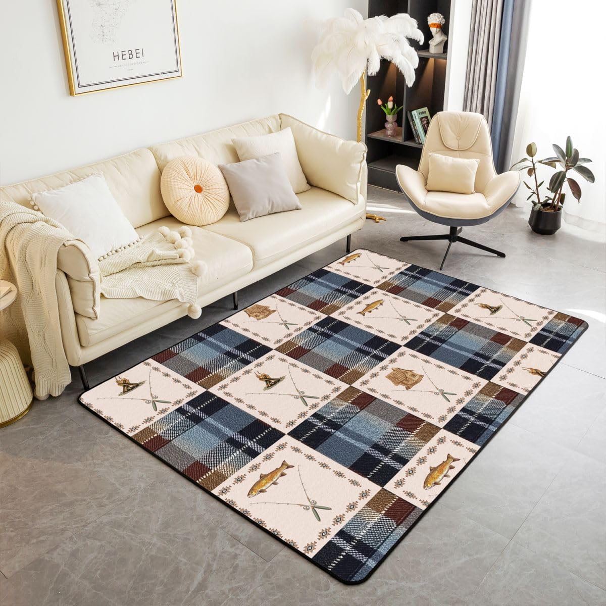 Feelyou Fishing and Hunting Area Rug 5x7 Big Bass Deer Duck Living Room Rugs for Kids Boys Girls Bedroom Rustic Cabin Country Decor Carpet with Non-Slip Backing Indoor Floor Mat Soft Polyester