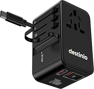 Destinio 70W Universal Travel Adapter with Built-in Type-C Cable – All-in-One GaN International Charger for Worldwide Fast...
