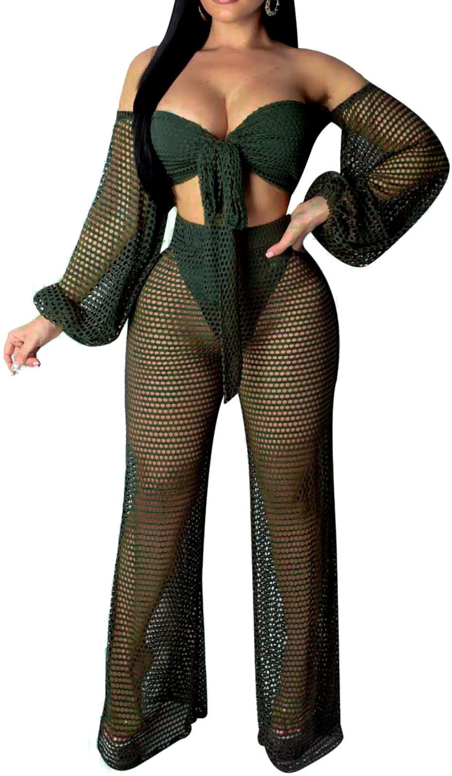 Swimsuit Coverup for Women Off Shoulder Top and Mesh Long Pants