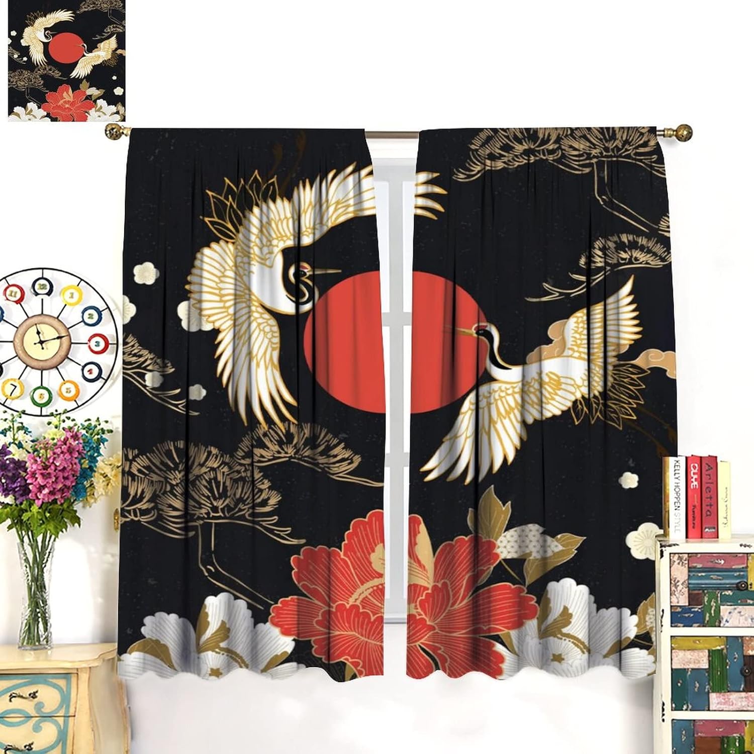 Abstract Japan Blackout Curtains for Bedroom - Vintage Black Gold Japanese Pine Tree Red Sun Crane Floral Window Treatment,Rod Pocket Room Darkening Curtains 2 Panels 45L x 21W
