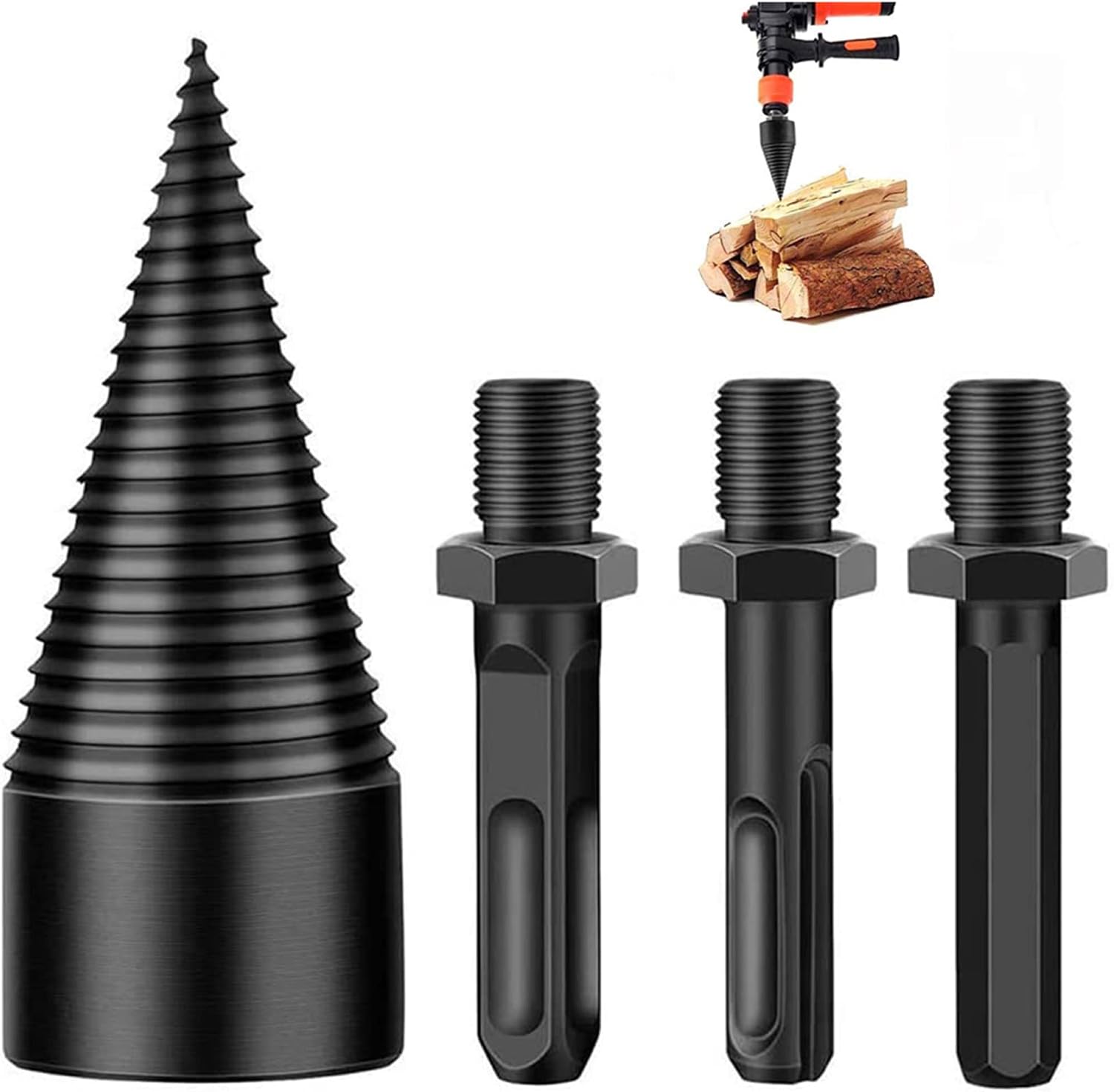 Wood Splitting Drill Bit 32/42mm Firewood Log Splitter Drill Bit Set, Screw Cones Splitter Wedge Wood Cut Tool with 3 PCS Shanks for Electric Hand Drill / 42mm