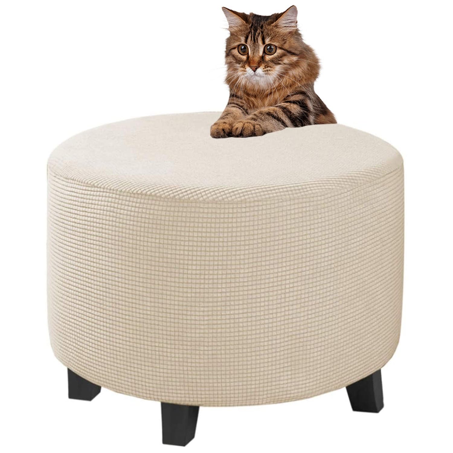 RTSFKFS Ottoman Cover Round Stretch Footstool Slipcover Storage Ottoman Cover Stool Covers Furniture Protector Cover for Footrest Ottoman Fit Dia 20" - 41"(Natural,S(50-59cm))