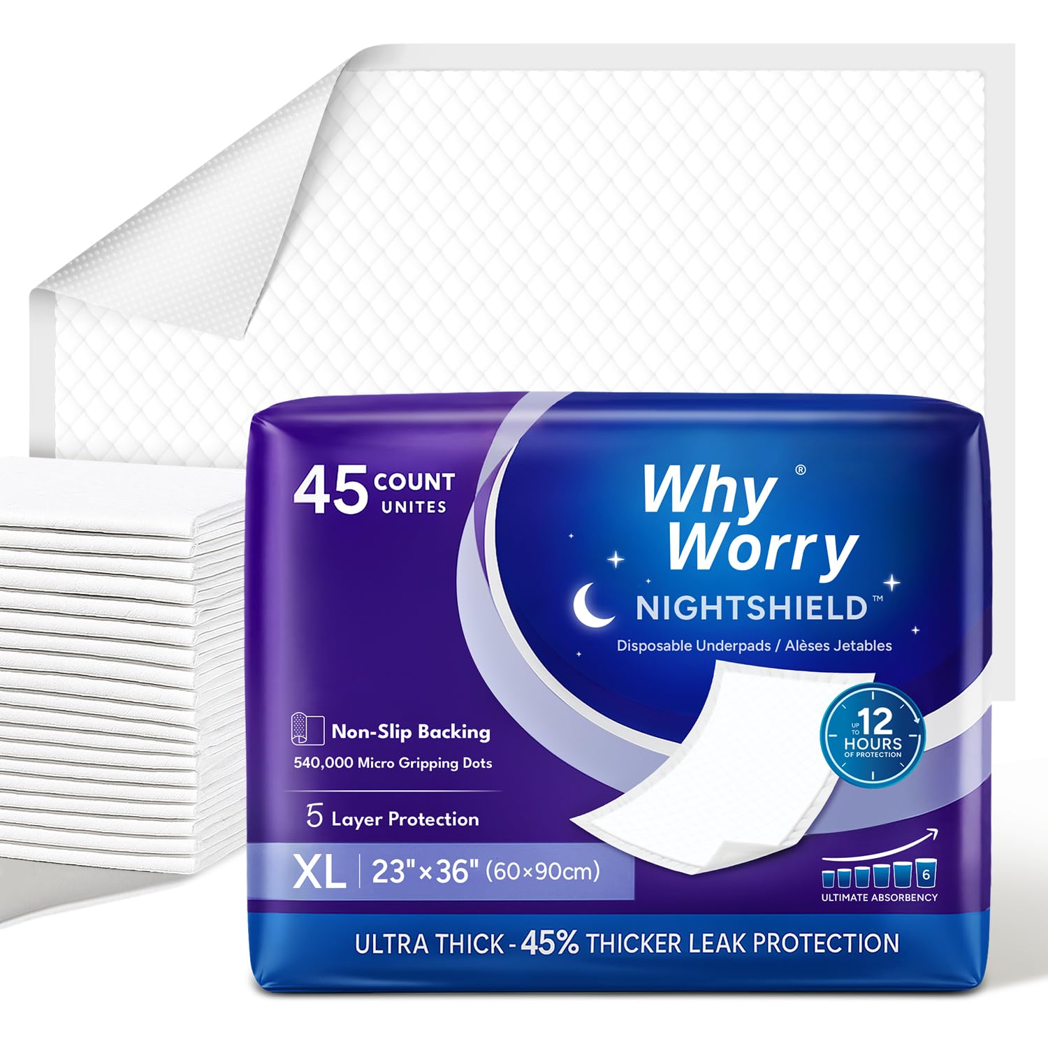 WhyWorry NightShield Incontinence Bed Pads for Adults, 23" x 36", 45 Count