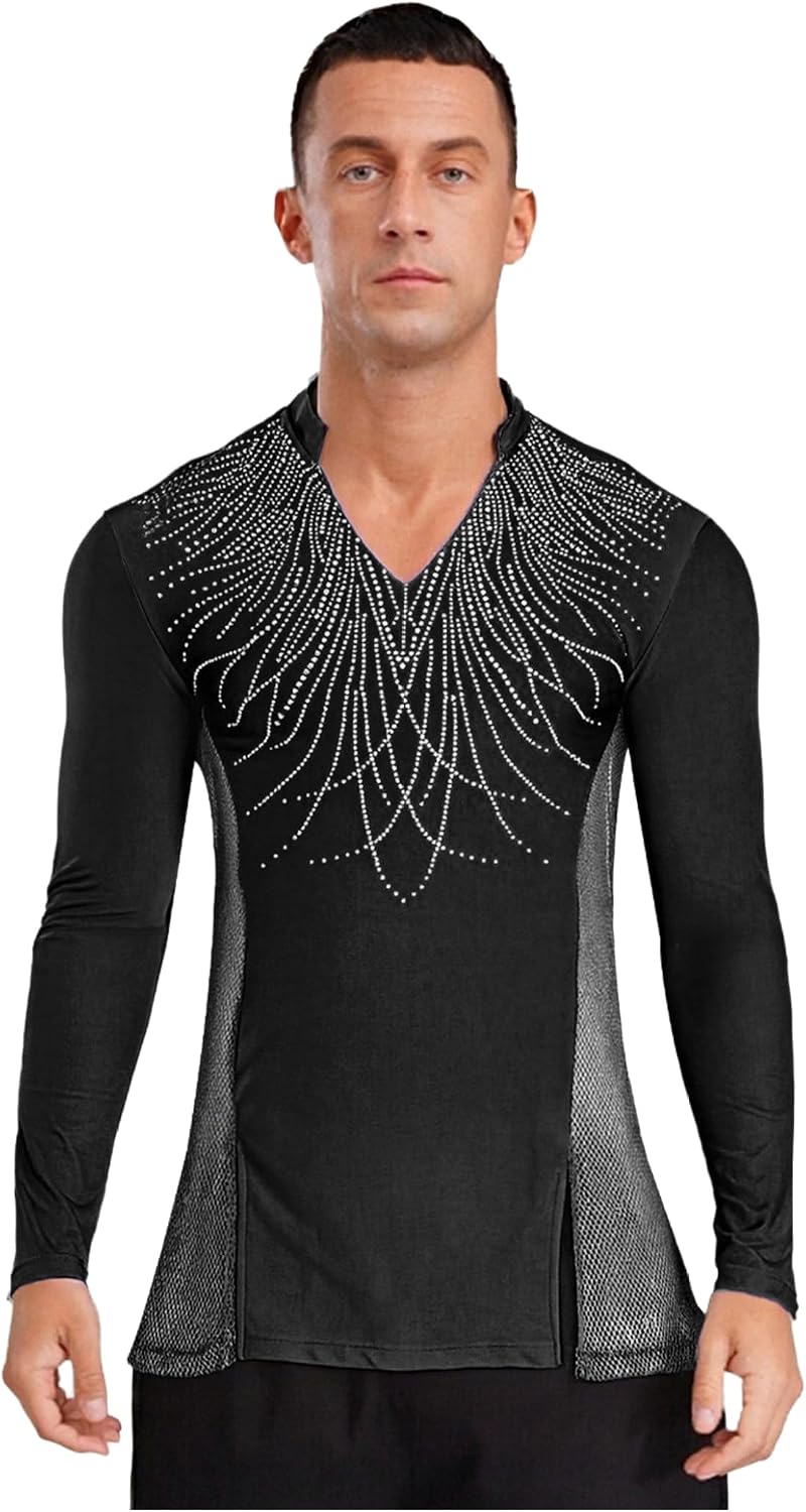 Latin Dance Competition Clothing for Men Lapel V Neck Shiny Rhinestones Chacha Samba Shirts Tops