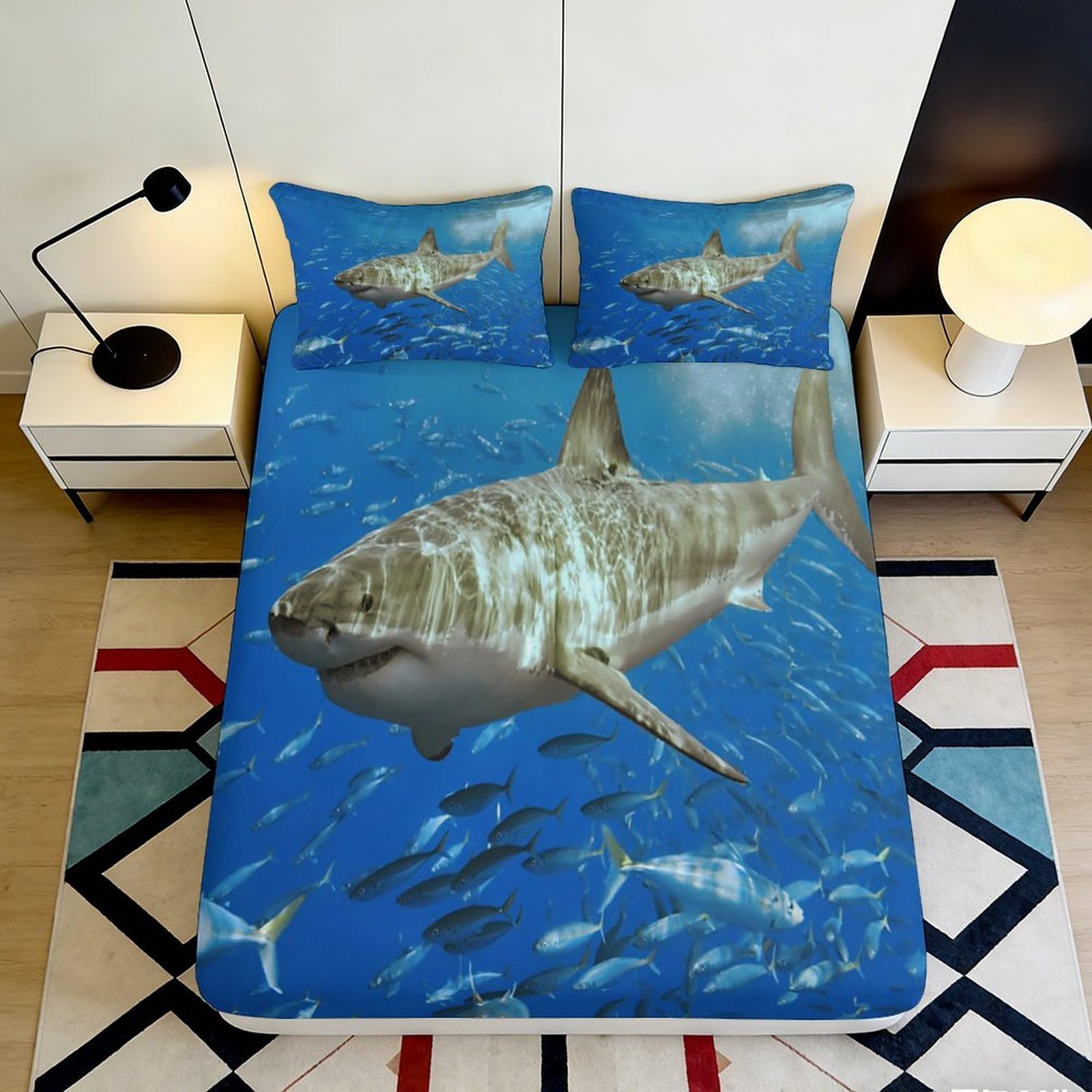 3D Printed Shark Ocean Fitted Sheet Microfiber Soft Blue Sea Fish Mattress Cover for Bedroom Guest Room Dorm Decor 120x200x25cm