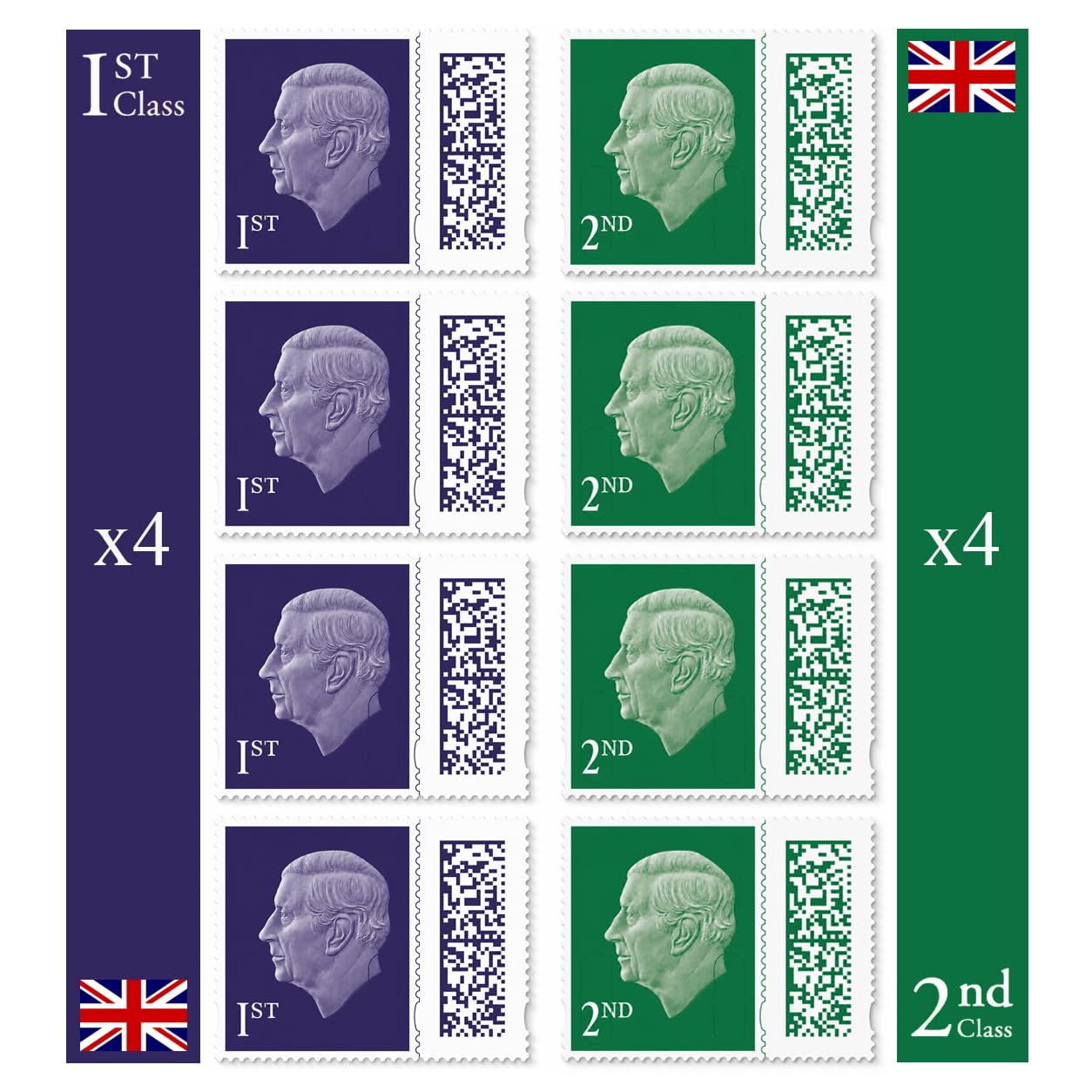 4 x 1st Class Stamps & 4 x 2nd Class Stamps (8 Total) - Barcoded Self-Adhesive Postage Stamps for Standard Mail