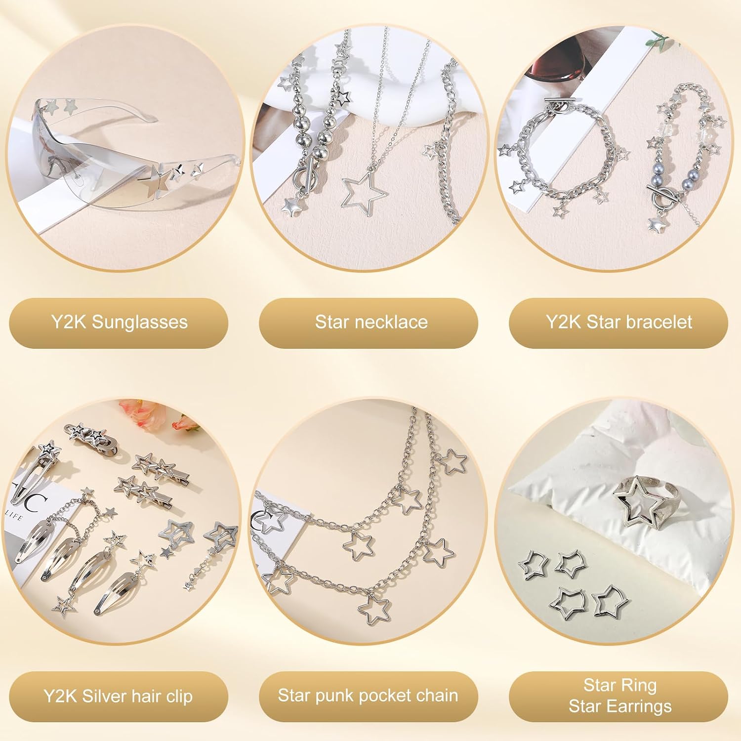 JATEBI Y2K Accessories Set Included Star Y2k Silver Necklace Grunge Layered Necklace Sunglasses Star Hair Clip Silver Hair Clips Star Bracelet Star Ring Vintage Jewelry Set