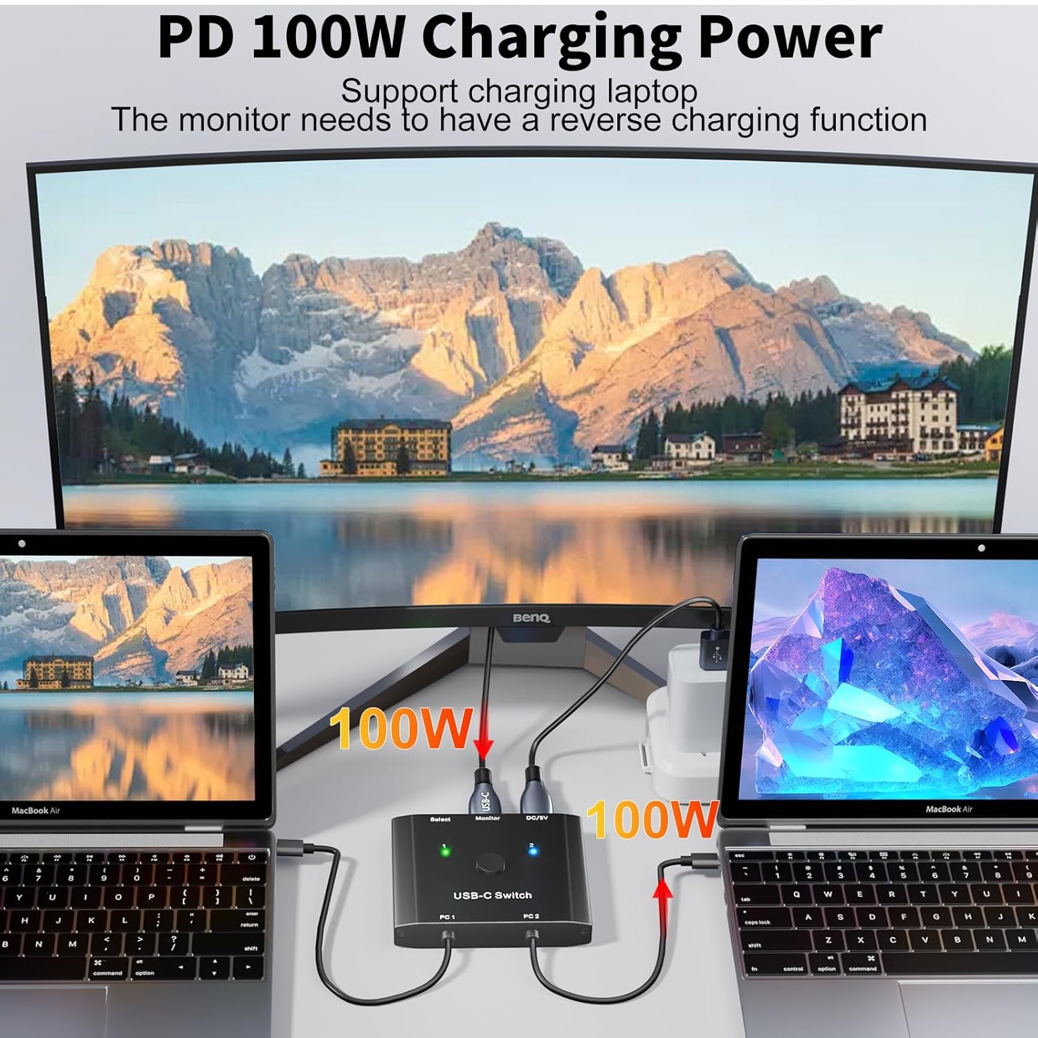 KCEVE USB C Switch 2 in 1 Out, USB Type C KVM Switch 2 Computers 1 Monitor, 8K@60Hz / 4K@120Hz / 20Gbps/ USB 3.1 Gen 2 / 100W PD/Compatible with Thunderbolt Devices/Wired Remote, 1 USB-C Cable