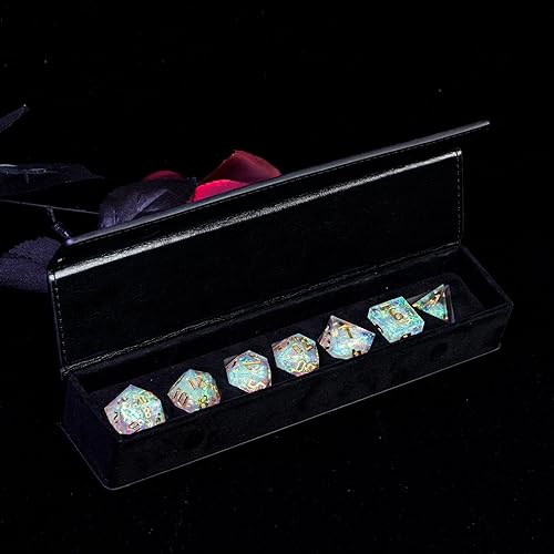 Miniatura 7 de Cusdie Dados DND de bordes afilados, 7 dados D&D, juego de dados poliédricos hechos a mano, para juegos de rol, MTG Pathfinder (película arcoíris