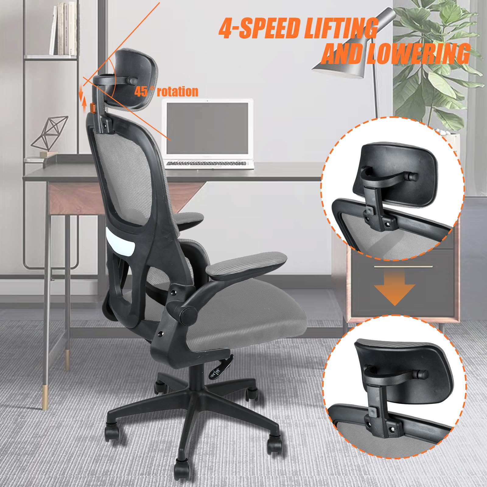 Bürostuhl Ergonomisch Schreibtischstuhl mit Klappbaren Armlehnen, Mesh Drehstuhl mit Dynamischer Lordosenstütze & 115° Wippfunktion, Verstellbare Kopfstütze für Home Office,Grau