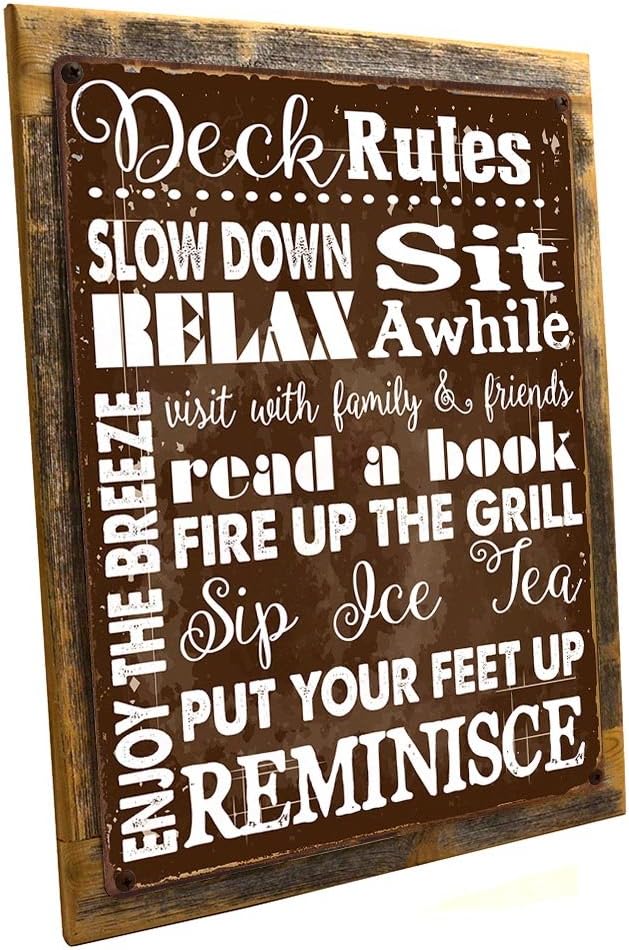 Homebody Accents Deck Rules Sign, Rustic Steel Wall Decor, Vintage Outdoor Sign for Deck and Patio, Summer Entertaining and Housewarming Gift, Made in USA - 13"x17" Framed