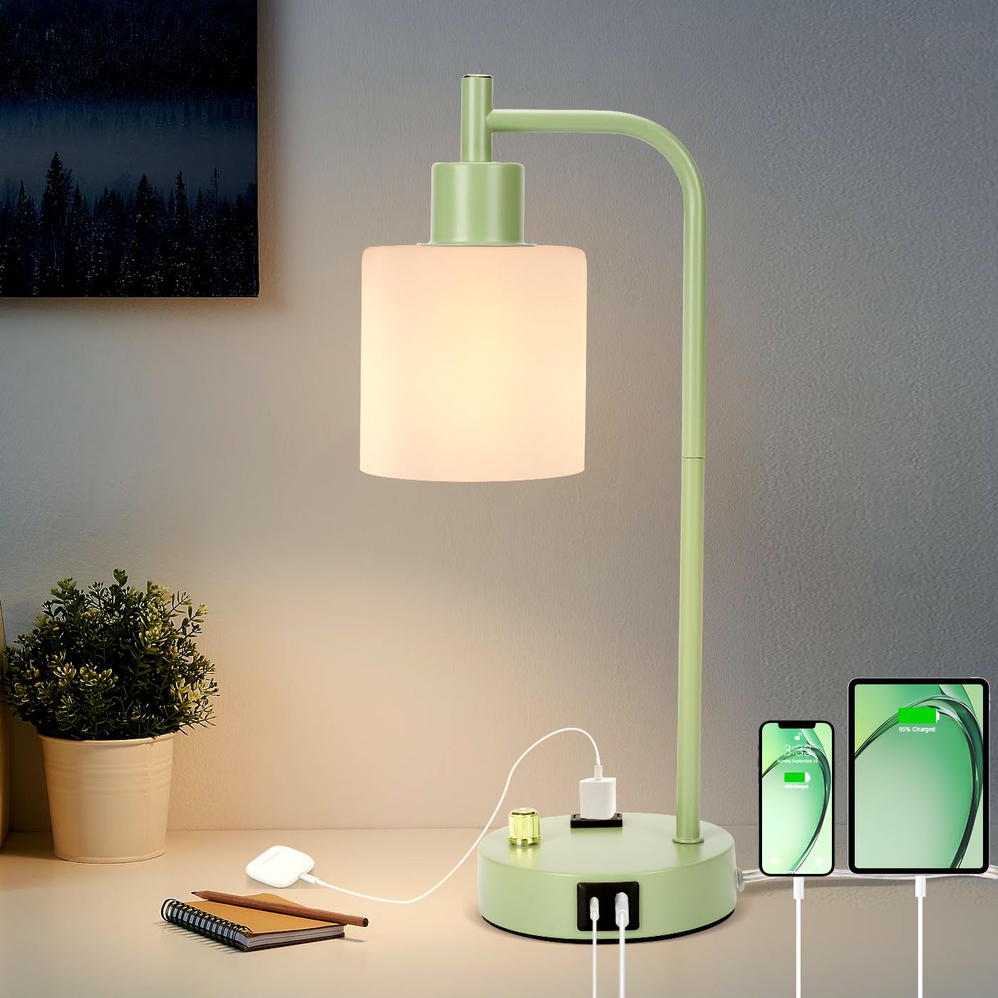 GLITI Industrial Table Lamp, Stepless Dimmable Gold Desk Lamp with 2 USB Ports and AC Power Outlet, Frosted GlassShade, Eye-Caring Bedside Nightstand