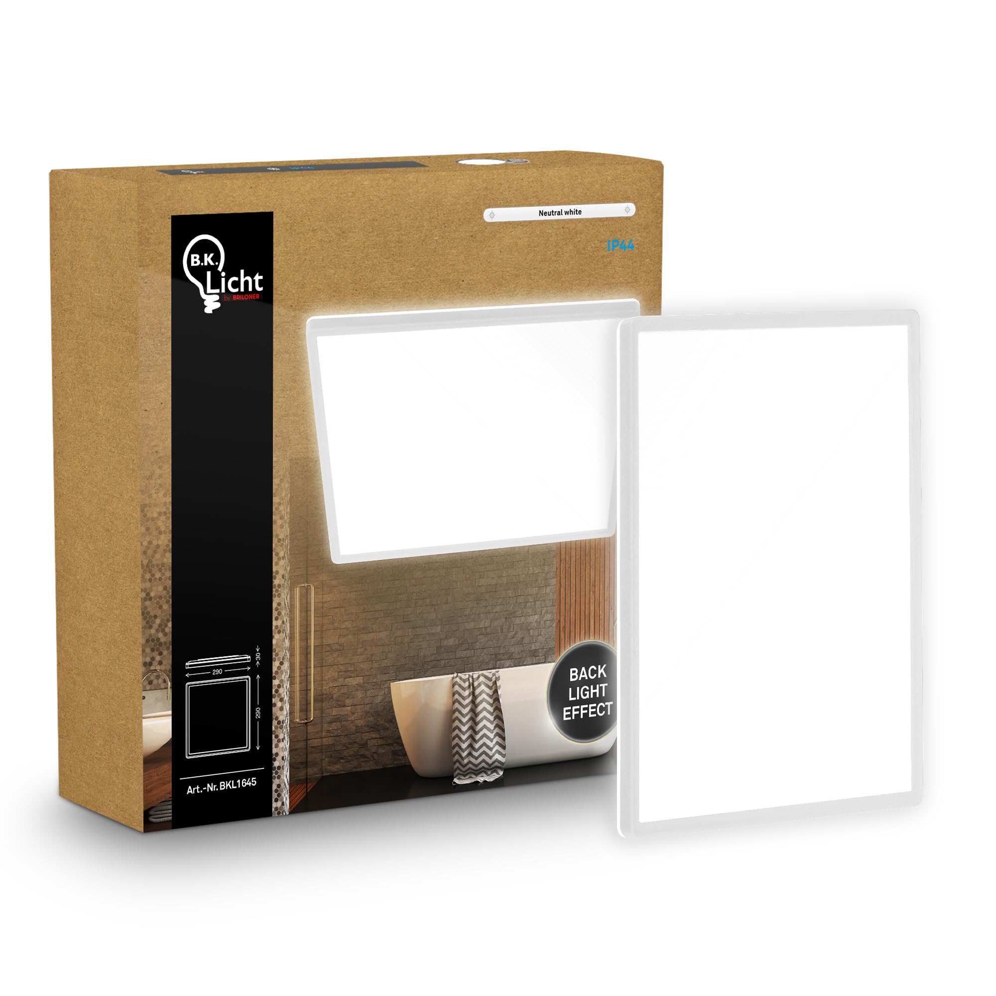 B.K.Licht - LED Panel, Slim, 4000K Neutral White, Indirect Backlighting, IP44 Splash-Proof, Ceiling Lights, Bathroom Light, Bathroom Lights Ceiling, Living Room, 29 x 29 x 3 cm, White